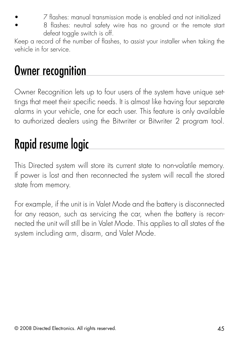 Owner recognition, Rapid resume logic | Directed Electronics 50.7X User Manual | Page 45 / 60