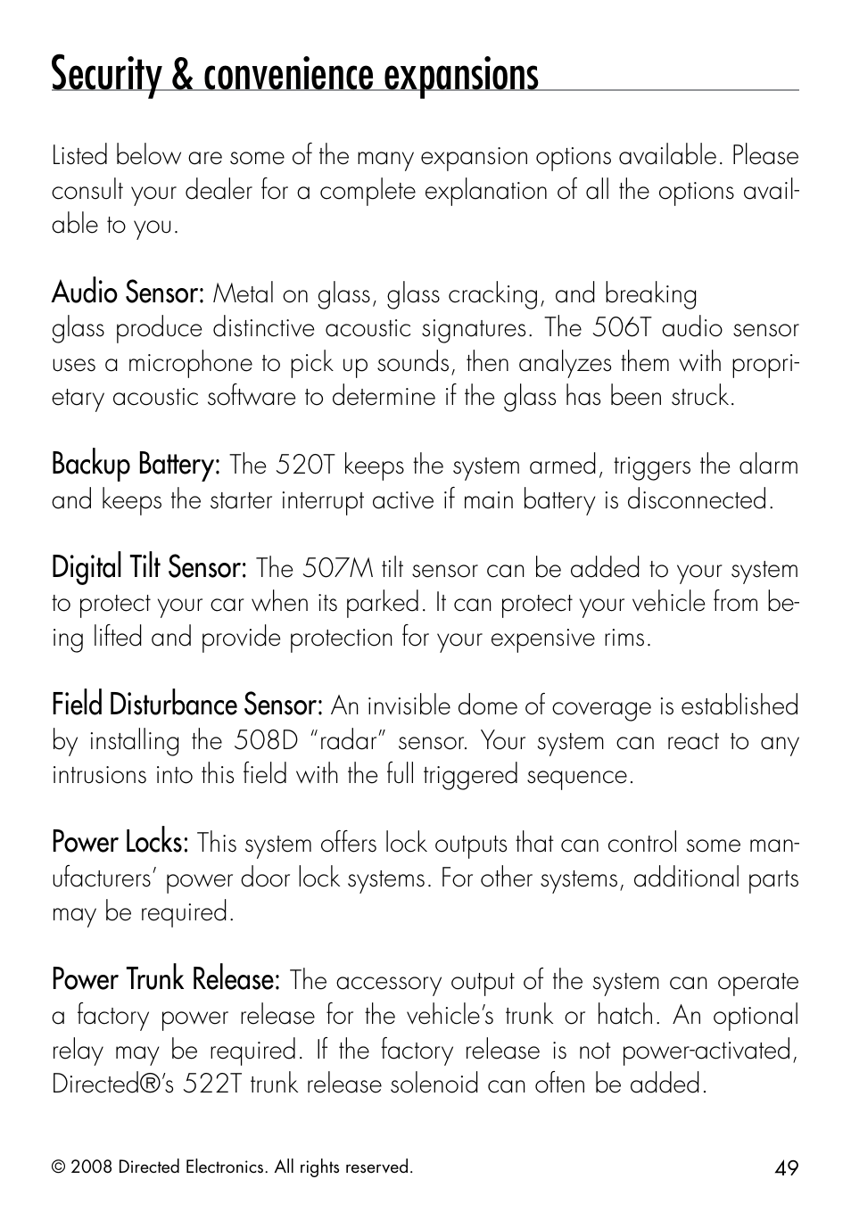 Security & convenience expansions | Directed Electronics 50.7X User Manual | Page 49 / 60