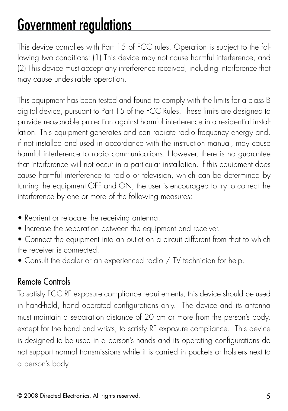 Government regulations | Directed Electronics 50.7X User Manual | Page 5 / 60