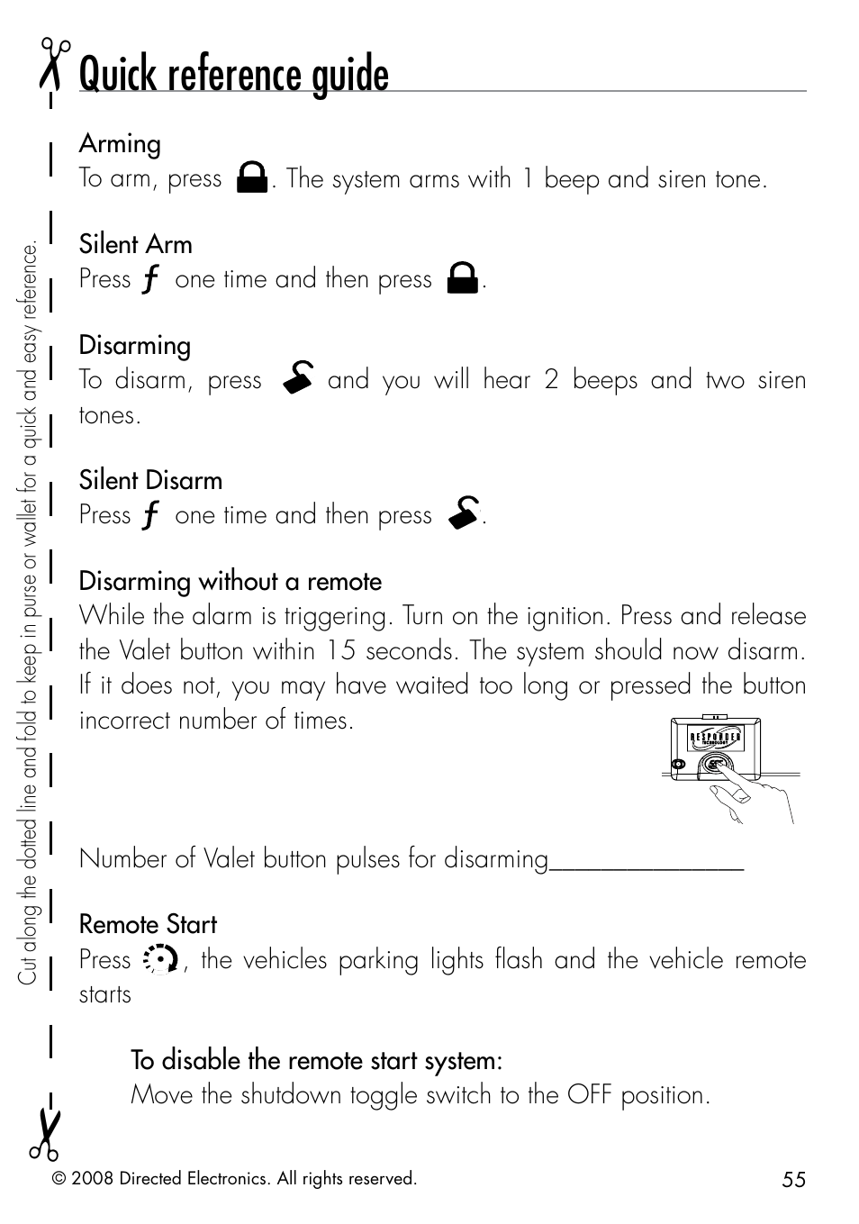 Quick reference guide, Arming to arm, press, One time and then press | Disarming to disarm, press, 2008 directed electronics. all rights reserved | Directed Electronics 50.7X User Manual | Page 55 / 60