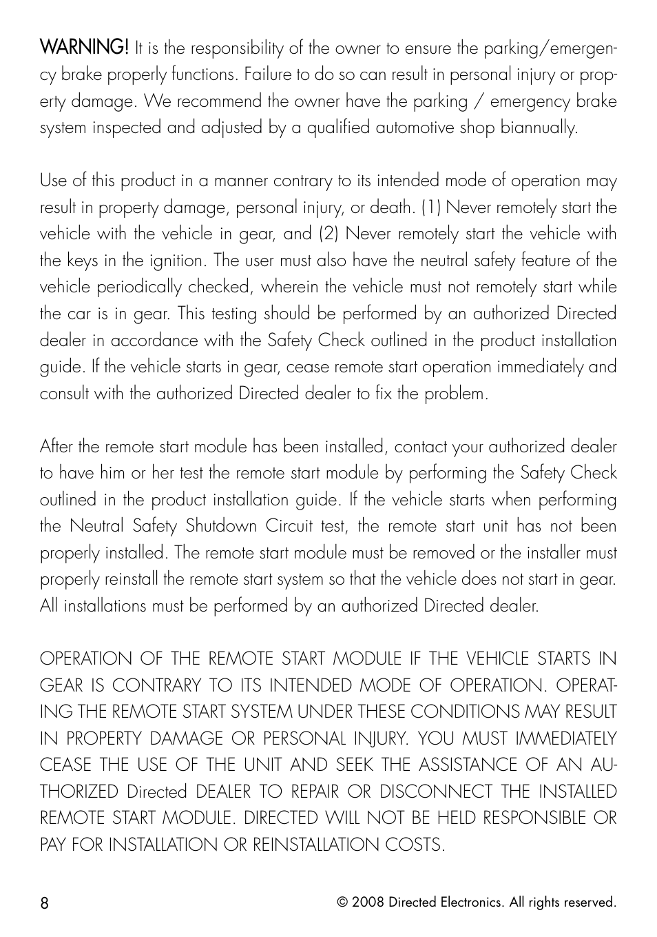 Warning | Directed Electronics 50.7X User Manual | Page 8 / 60