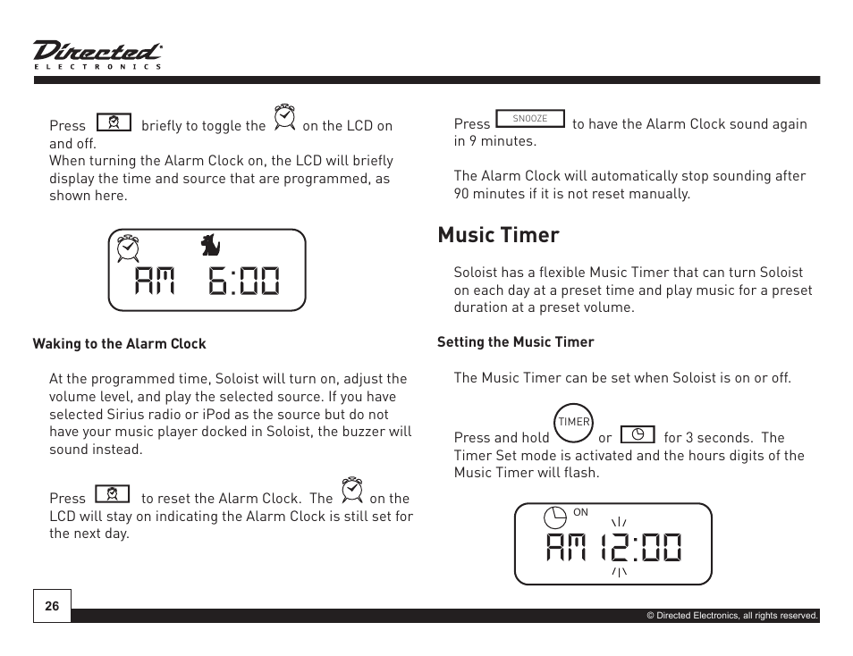 On off, Music timer, Press line aux | Briefly to toggle the, Or line aux | Directed Electronics Soloist Desktop Docking Station User Manual | Page 26 / 34