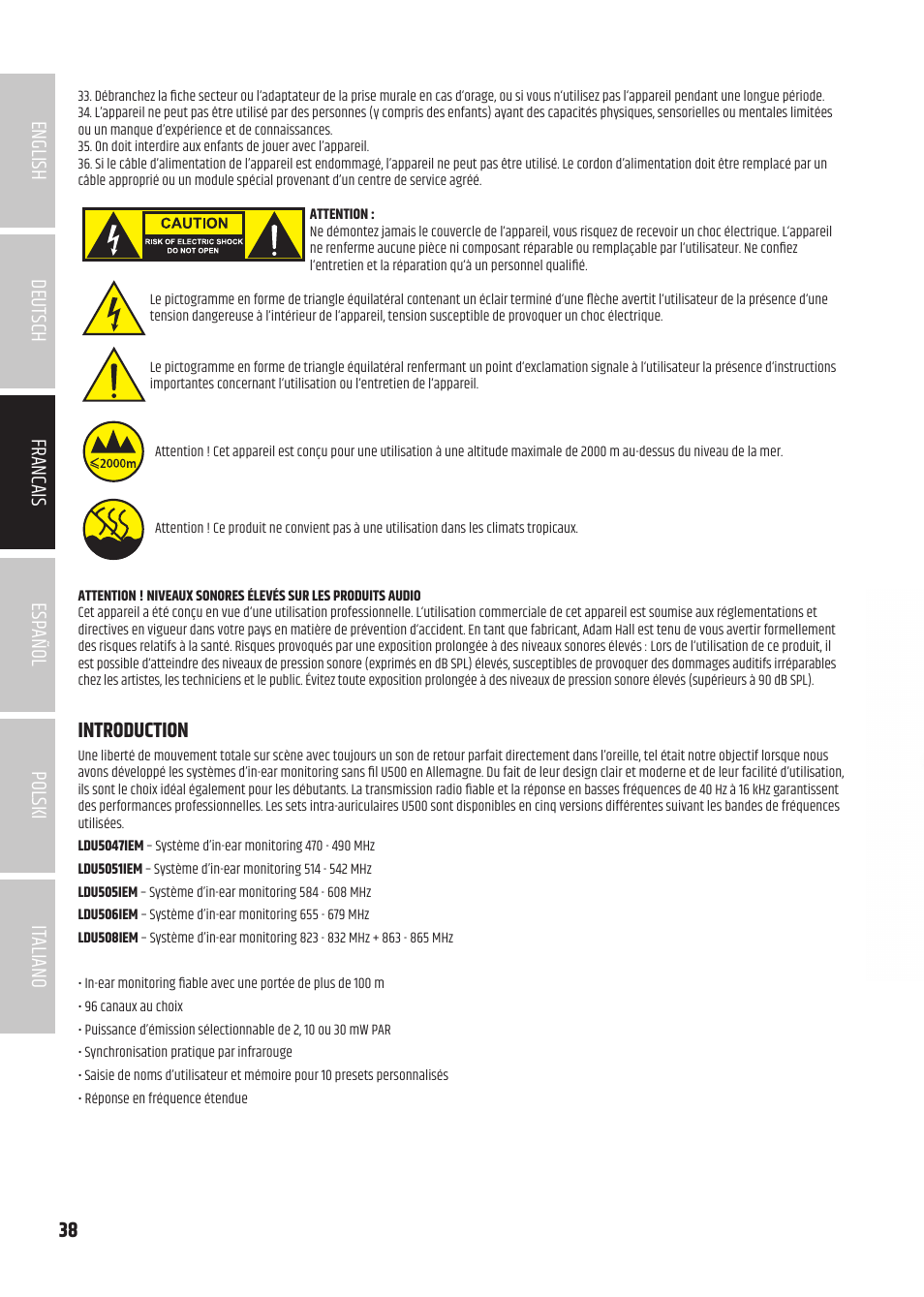 Introduction | LD Systems U504.7 IEM Wireless Stereo In-Ear Monitoring System (470 to 490 MHz) User Manual | Page 38 / 108