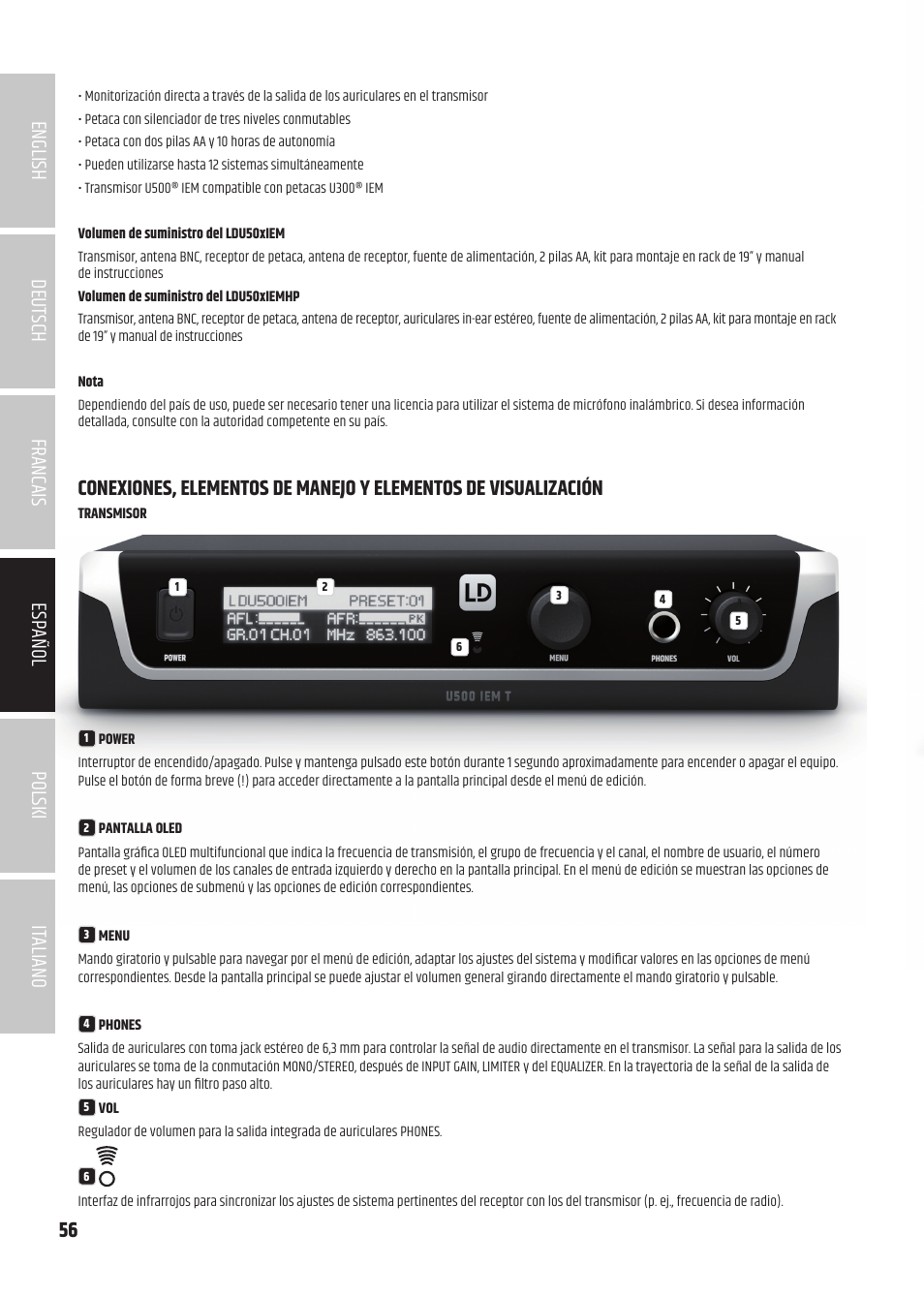 LD Systems U504.7 IEM Wireless Stereo In-Ear Monitoring System (470 to 490 MHz) User Manual | Page 56 / 108