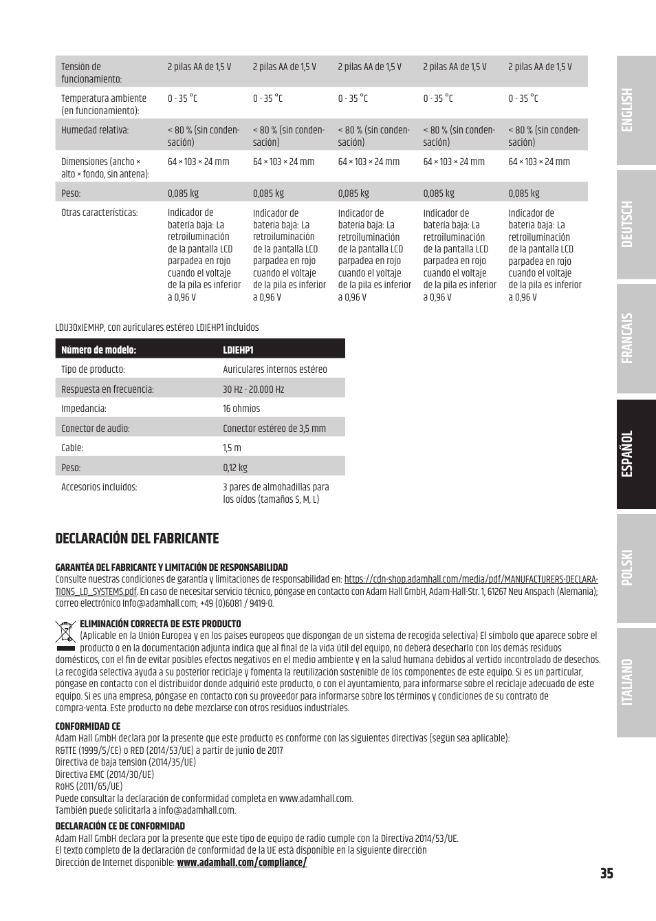 LD Systems U305.1 IEM Wireless In-Ear Monitoring System with Earphones (514 to 542 MHz) User Manual | Page 35 / 56