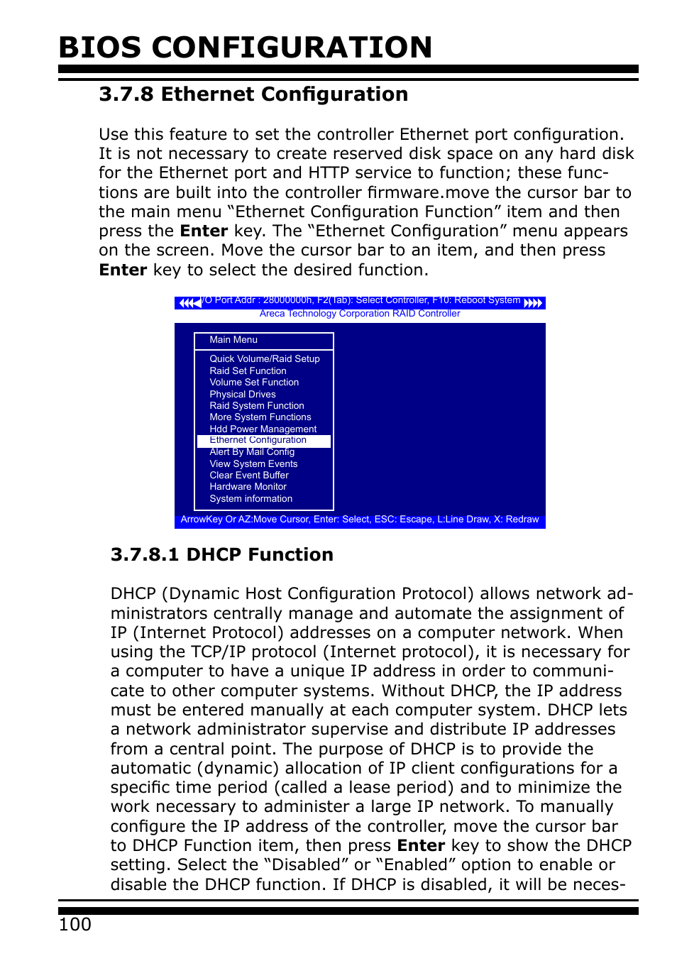 8 ethernet configuration, 1 dhcp function, Bios configuration | Areca 24/4 Internal/External Port Pcie 3.0 12 Gb/s SAS/SATA Raid Controller 2Gb Cache User Manual | Page 100 / 264