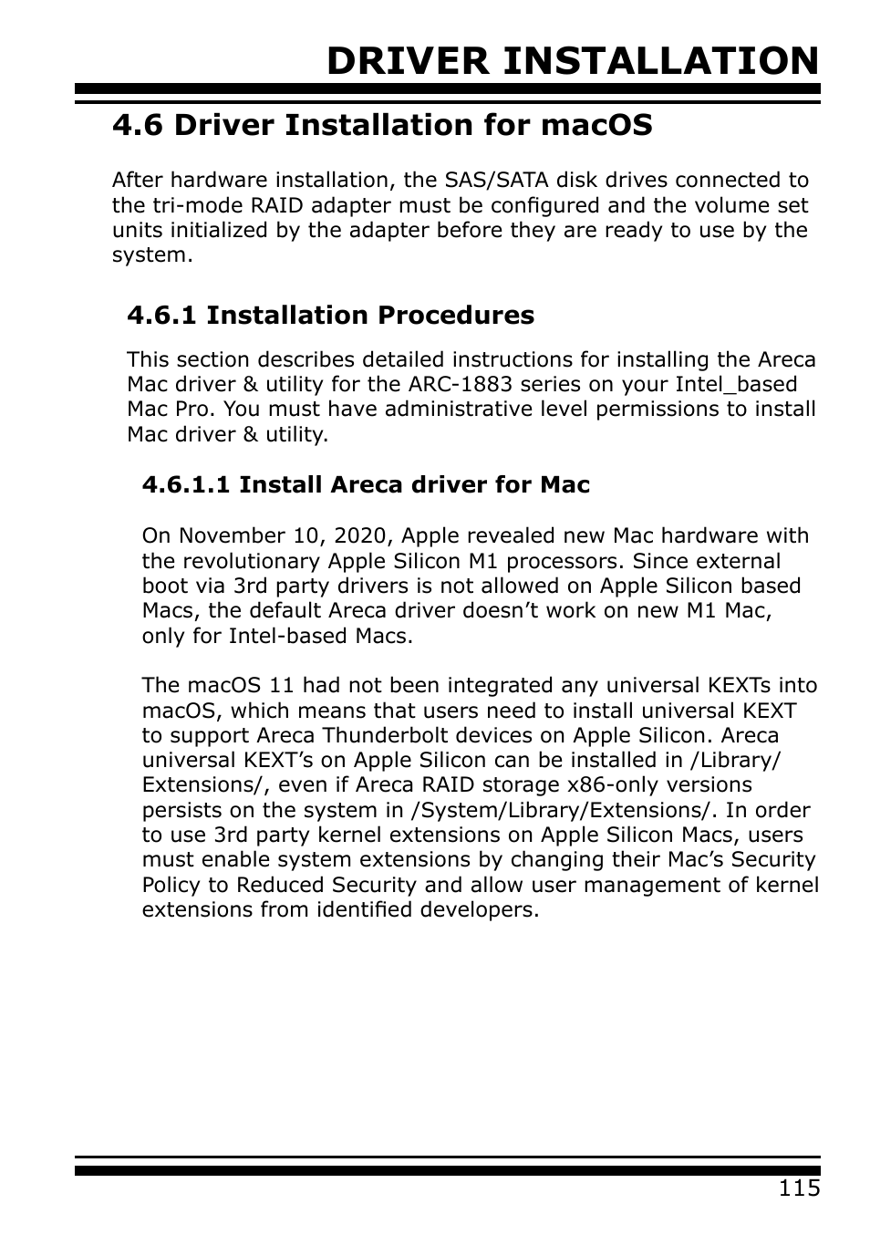6 driver installation for macos, 1 installation procedures, 1 install areca driver for mac | Driver installation | Areca 24/4 Internal/External Port Pcie 3.0 12 Gb/s SAS/SATA Raid Controller 2Gb Cache User Manual | Page 115 / 264