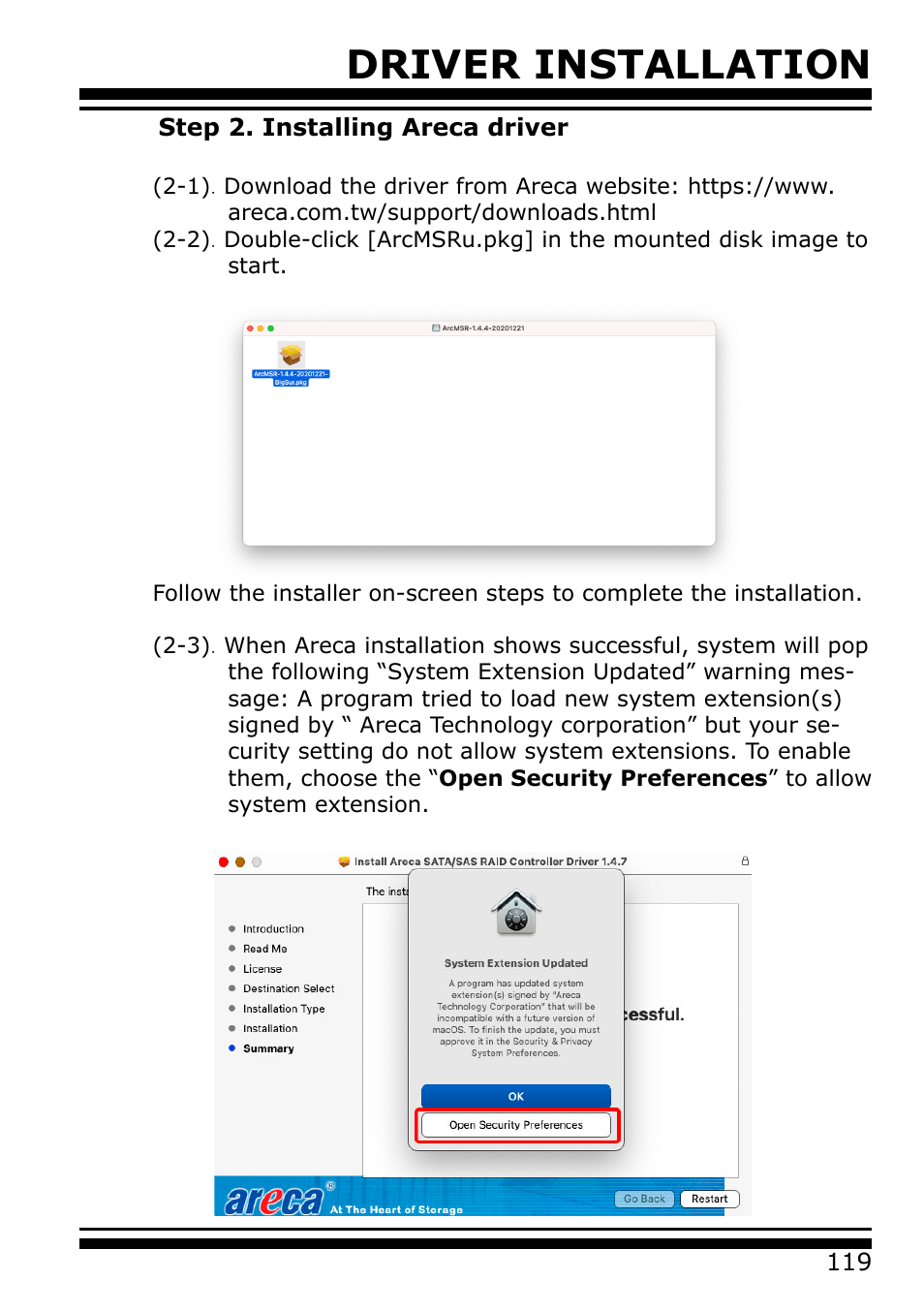 Driver installation | Areca 24/4 Internal/External Port Pcie 3.0 12 Gb/s SAS/SATA Raid Controller 2Gb Cache User Manual | Page 119 / 264