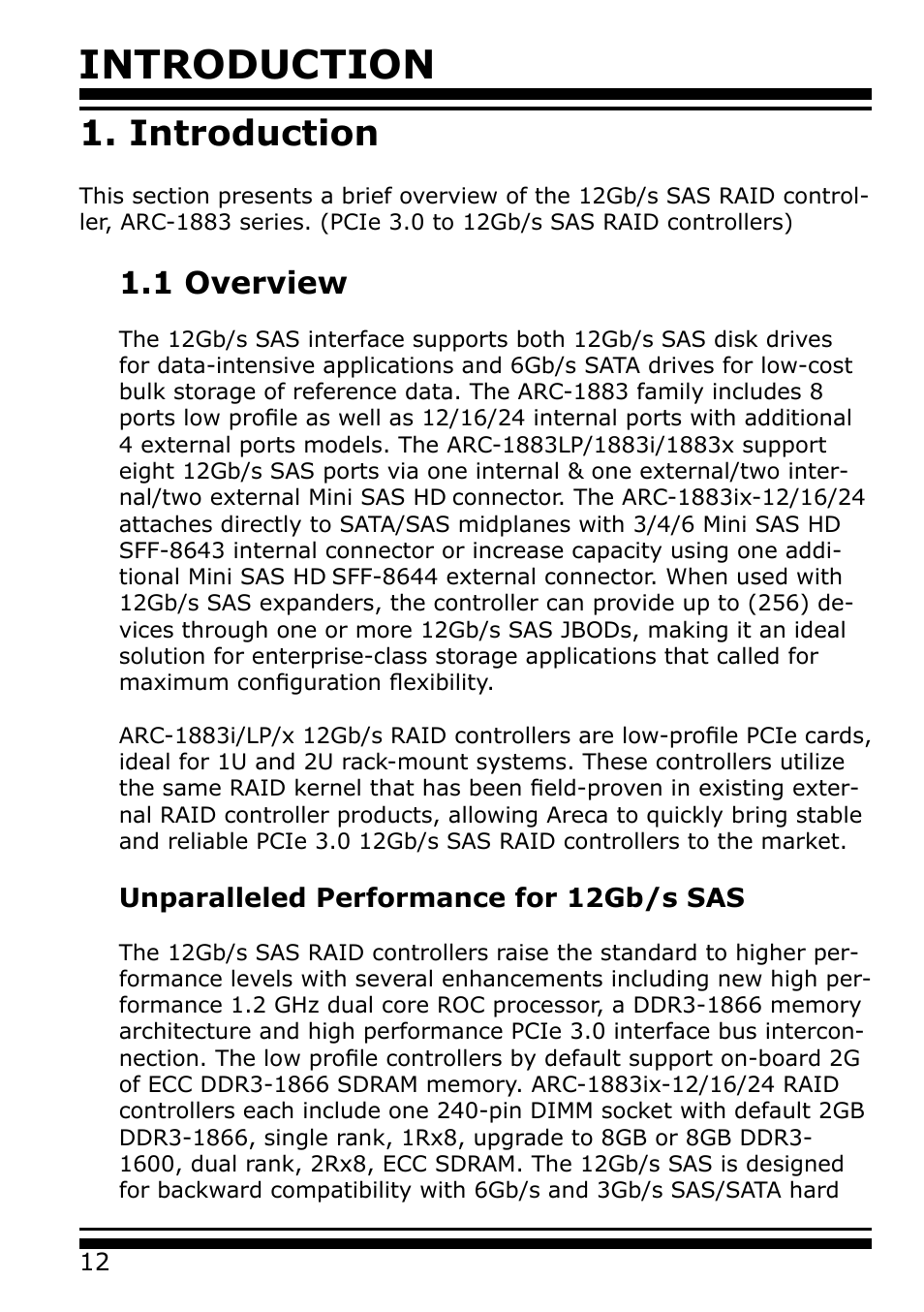 Introduction, 1 overview, Unparalleled performance for 12gb/s sas | Areca 24/4 Internal/External Port Pcie 3.0 12 Gb/s SAS/SATA Raid Controller 2Gb Cache User Manual | Page 12 / 264