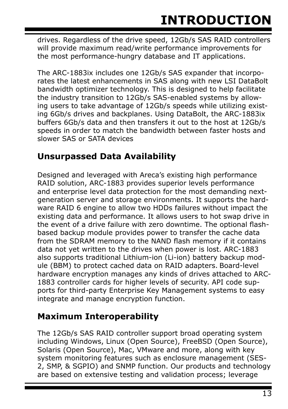 Introduction, Unsurpassed data availability, Maximum interoperability | Areca 24/4 Internal/External Port Pcie 3.0 12 Gb/s SAS/SATA Raid Controller 2Gb Cache User Manual | Page 13 / 264