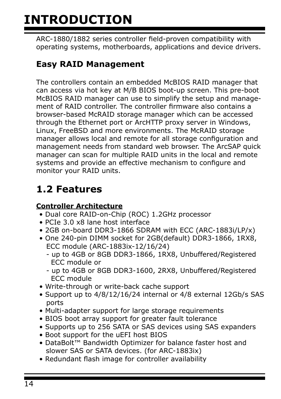 2 features, Introduction, Easy raid management | Areca 24/4 Internal/External Port Pcie 3.0 12 Gb/s SAS/SATA Raid Controller 2Gb Cache User Manual | Page 14 / 264
