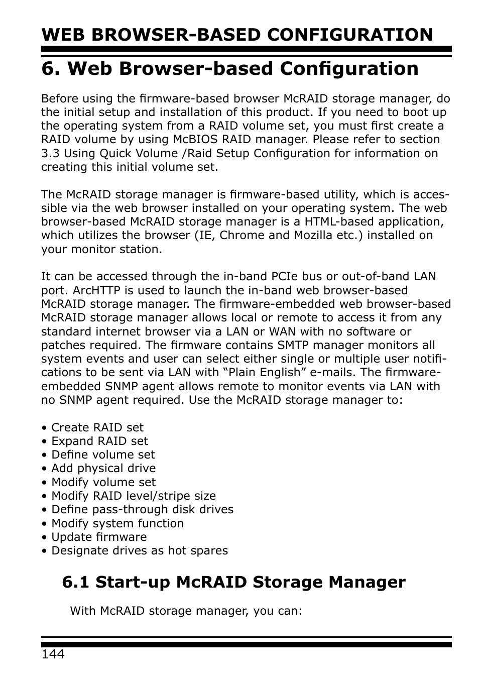 Web browser-based configuration, 1 start-up mcraid storage manager | Areca 24/4 Internal/External Port Pcie 3.0 12 Gb/s SAS/SATA Raid Controller 2Gb Cache User Manual | Page 144 / 264