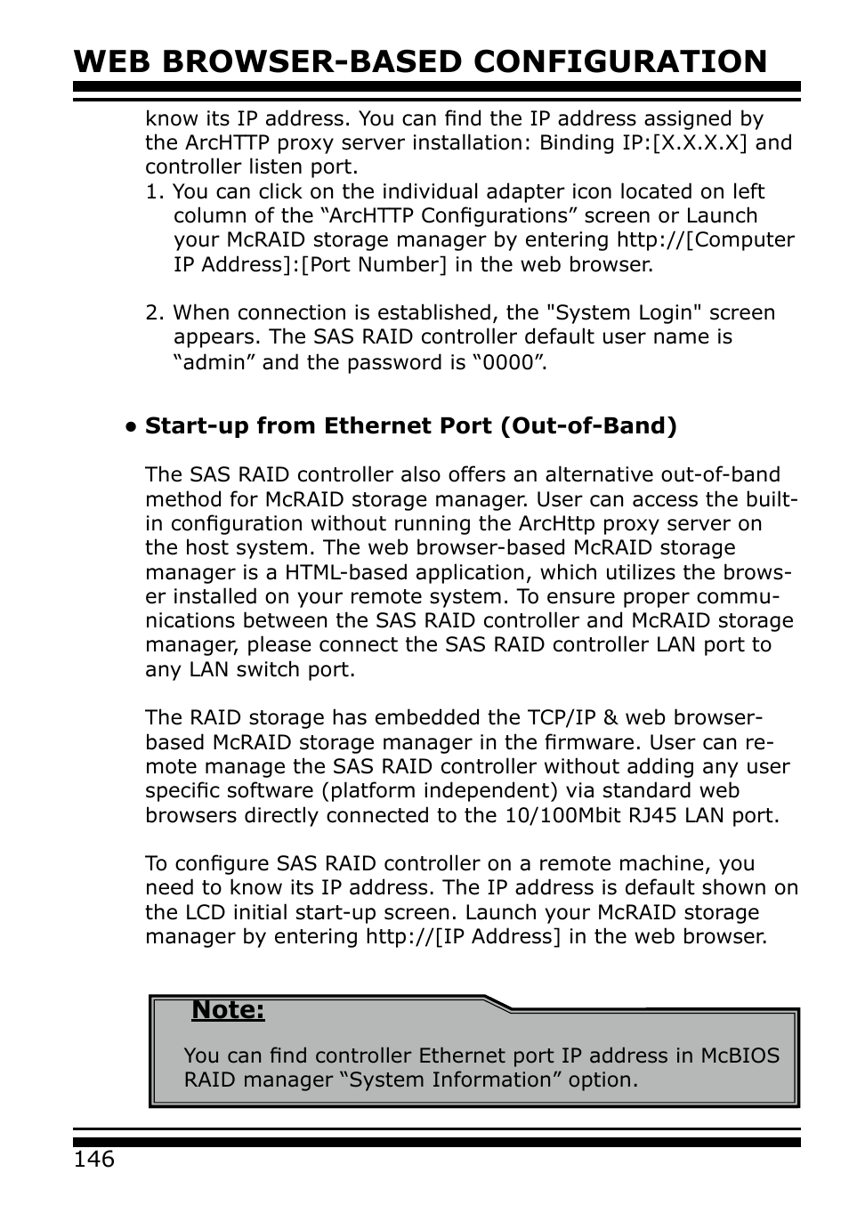 Start-up from ethernet port (out-of-band), Web browser-based configuration | Areca 24/4 Internal/External Port Pcie 3.0 12 Gb/s SAS/SATA Raid Controller 2Gb Cache User Manual | Page 146 / 264