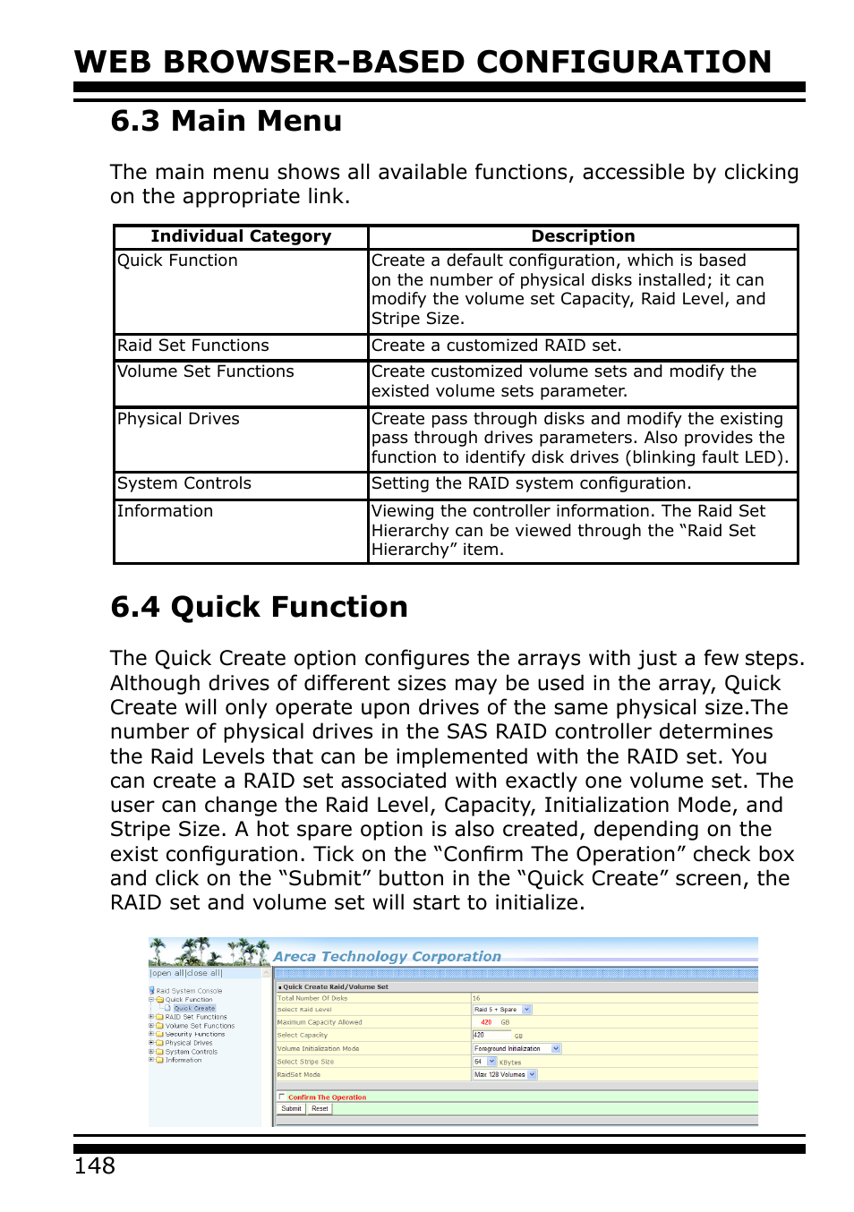 3 main menu, 4 quick function, Web browser-based configuration | Areca 24/4 Internal/External Port Pcie 3.0 12 Gb/s SAS/SATA Raid Controller 2Gb Cache User Manual | Page 148 / 264