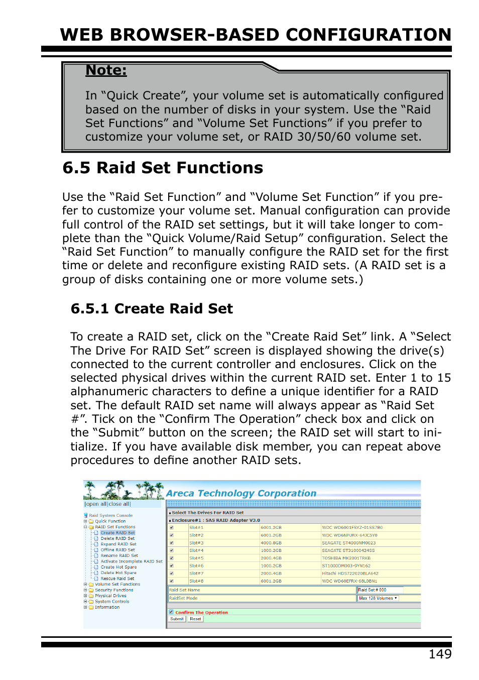 1 create raid set, Web browser-based configuration, 5 raid set functions | Areca 24/4 Internal/External Port Pcie 3.0 12 Gb/s SAS/SATA Raid Controller 2Gb Cache User Manual | Page 149 / 264