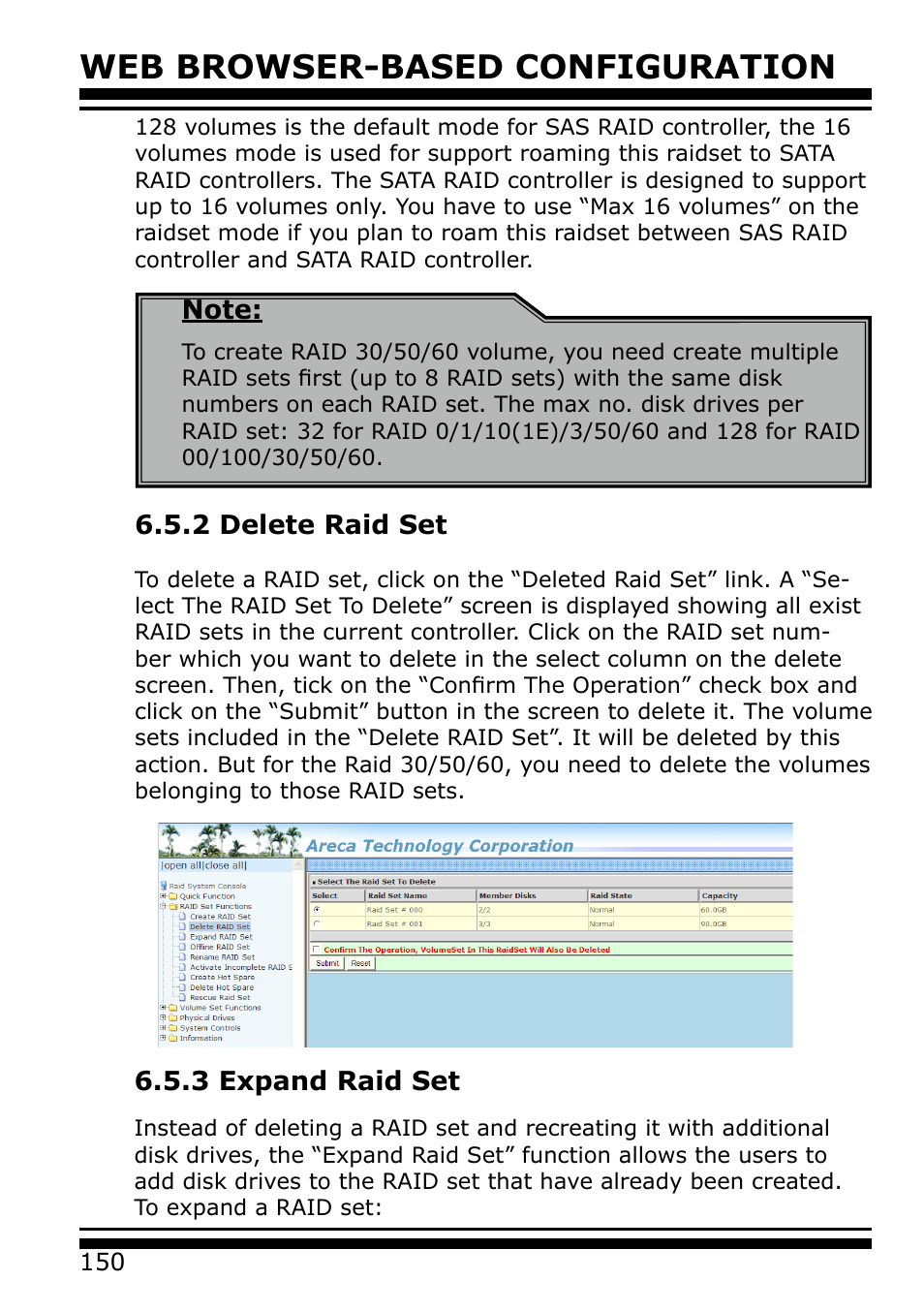 2 delete raid set, 3 expand raid set, Web browser-based configuration | Areca 24/4 Internal/External Port Pcie 3.0 12 Gb/s SAS/SATA Raid Controller 2Gb Cache User Manual | Page 150 / 264