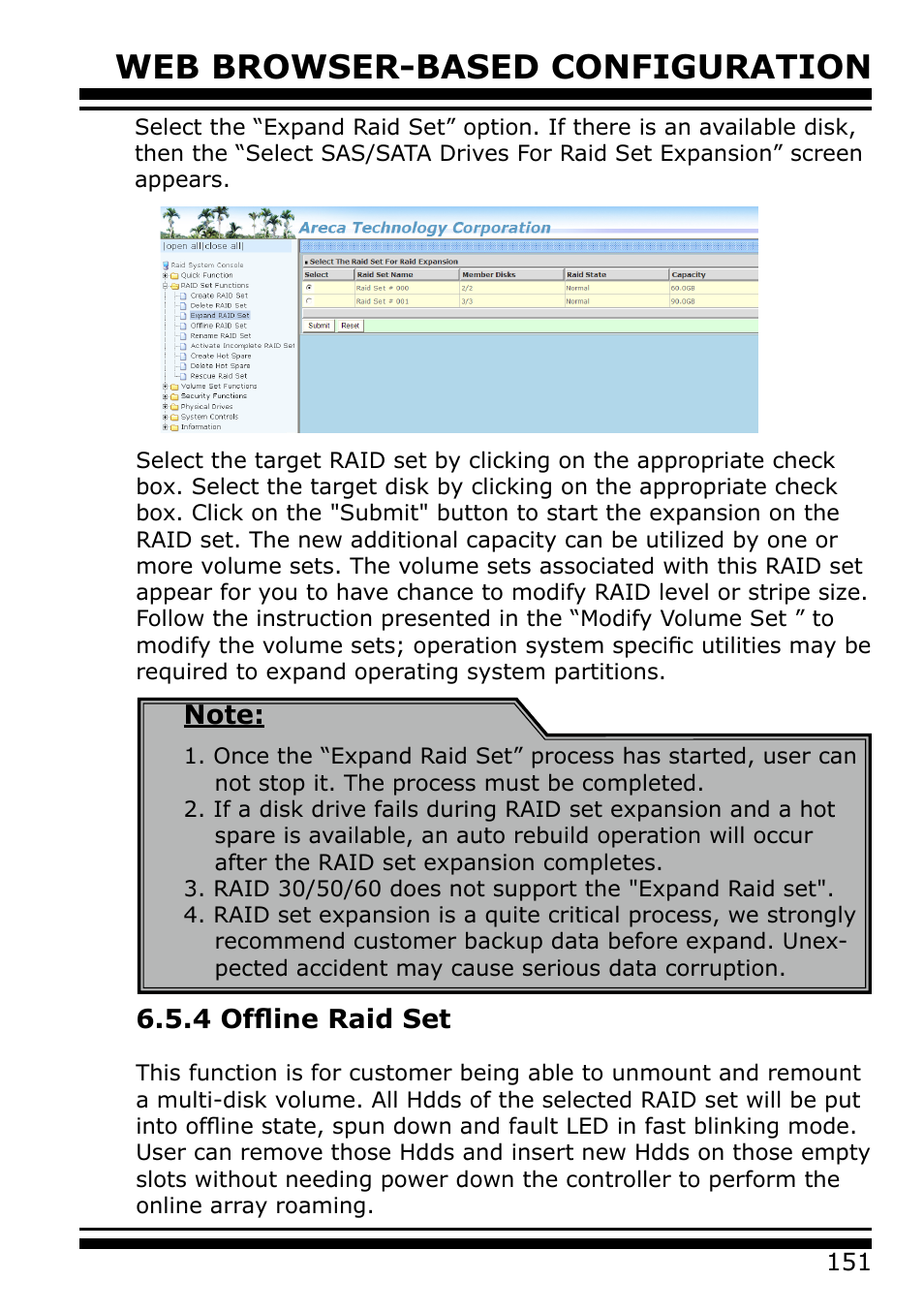 4 offline raid set, Web browser-based configuration | Areca 24/4 Internal/External Port Pcie 3.0 12 Gb/s SAS/SATA Raid Controller 2Gb Cache User Manual | Page 151 / 264