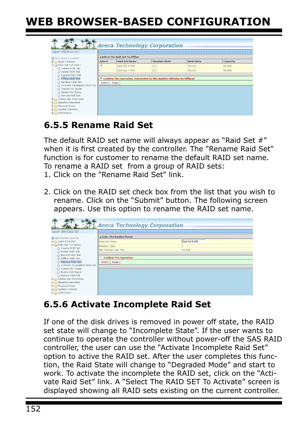 5 rename raid set, 6 activate incomplete raid set, Web browser-based configuration | Areca 24/4 Internal/External Port Pcie 3.0 12 Gb/s SAS/SATA Raid Controller 2Gb Cache User Manual | Page 152 / 264
