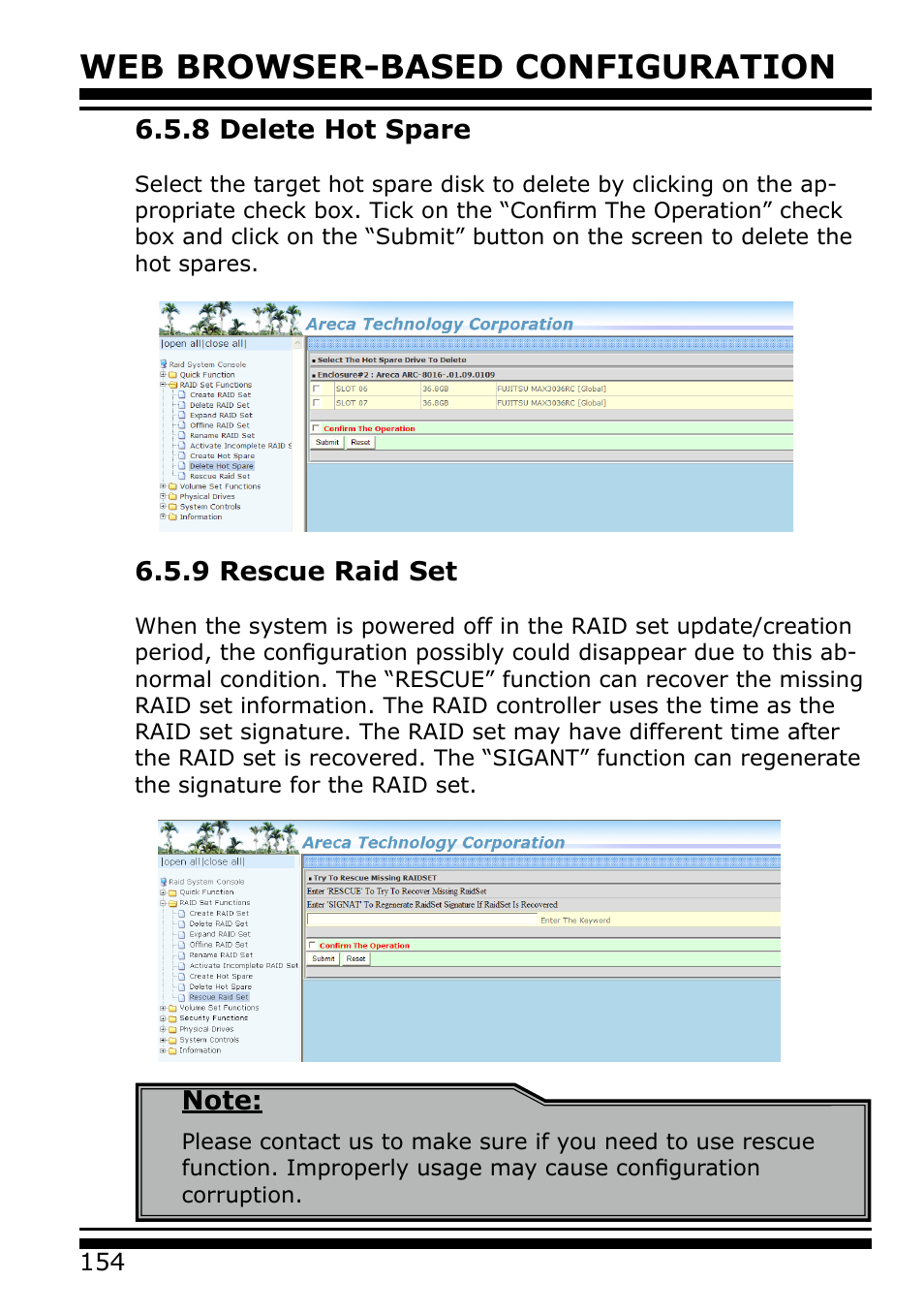 8 delete hot spare, 9 rescue raid set, Web browser-based configuration | Areca 24/4 Internal/External Port Pcie 3.0 12 Gb/s SAS/SATA Raid Controller 2Gb Cache User Manual | Page 154 / 264