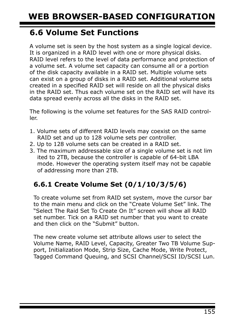 6 volume set functions, 1 create volume set (0/1/10/3/5/6), Web browser-based configuration | Areca 24/4 Internal/External Port Pcie 3.0 12 Gb/s SAS/SATA Raid Controller 2Gb Cache User Manual | Page 155 / 264