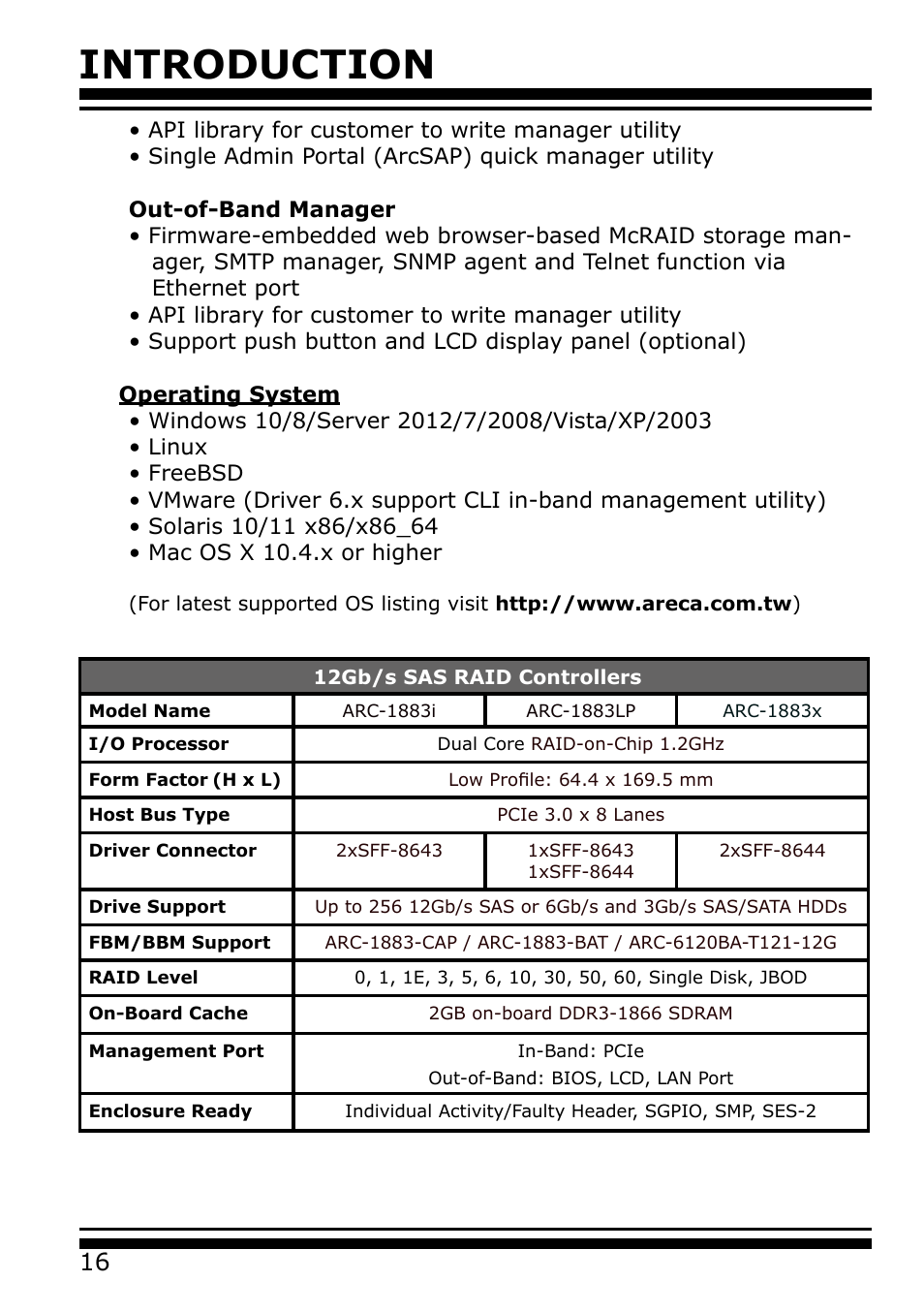 Introduction | Areca 24/4 Internal/External Port Pcie 3.0 12 Gb/s SAS/SATA Raid Controller 2Gb Cache User Manual | Page 16 / 264