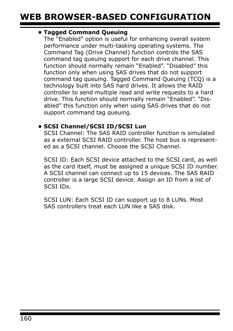 Tagged command queuing, Scsi channel/scsi id/scsi lun, Web browser-based configuration | Areca 24/4 Internal/External Port Pcie 3.0 12 Gb/s SAS/SATA Raid Controller 2Gb Cache User Manual | Page 160 / 264