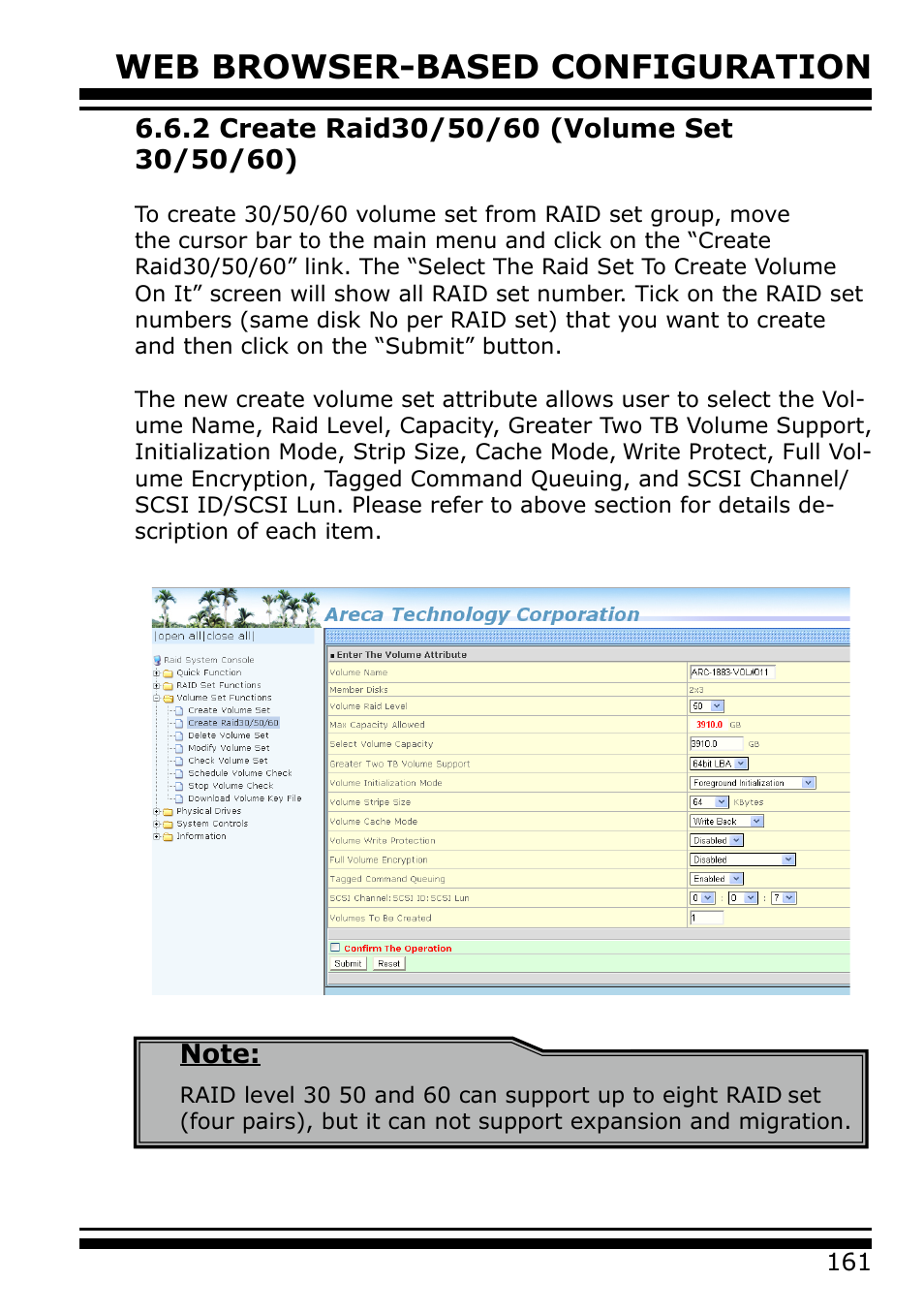 2 create raid30/50/60 (volume set 30/50/60), Web browser-based configuration | Areca 24/4 Internal/External Port Pcie 3.0 12 Gb/s SAS/SATA Raid Controller 2Gb Cache User Manual | Page 161 / 264