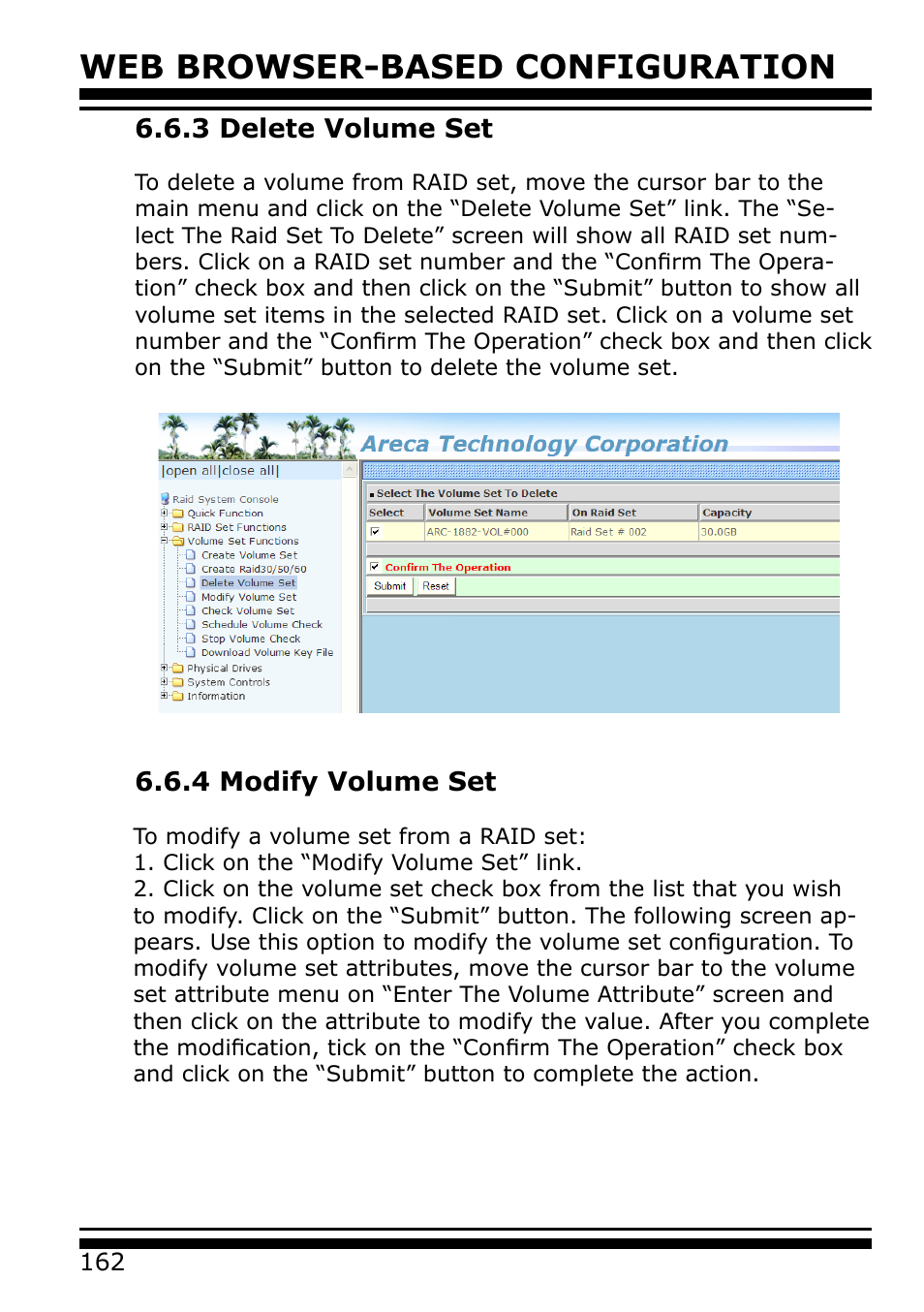 3 delete volume set, 4 modify volume set, Web browser-based configuration | Areca 24/4 Internal/External Port Pcie 3.0 12 Gb/s SAS/SATA Raid Controller 2Gb Cache User Manual | Page 162 / 264