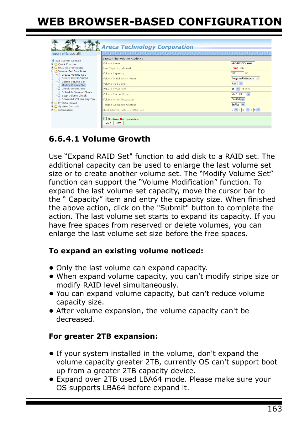 1 volume growth, Web browser-based configuration | Areca 24/4 Internal/External Port Pcie 3.0 12 Gb/s SAS/SATA Raid Controller 2Gb Cache User Manual | Page 163 / 264