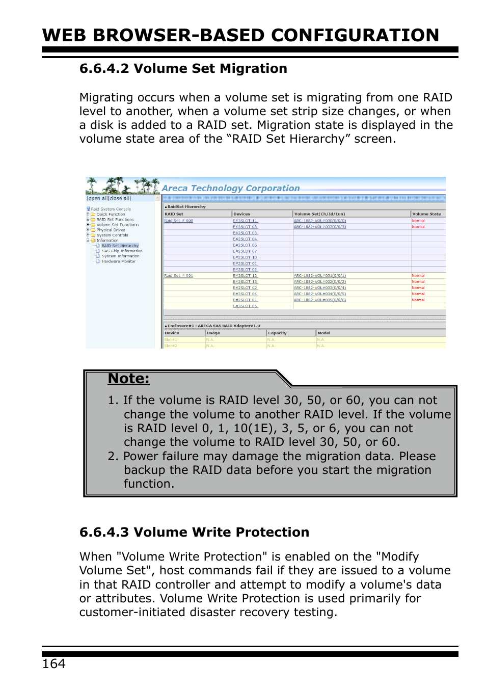 2 volume set migration, 3 volume write protection, Web browser-based configuration | Areca 24/4 Internal/External Port Pcie 3.0 12 Gb/s SAS/SATA Raid Controller 2Gb Cache User Manual | Page 164 / 264