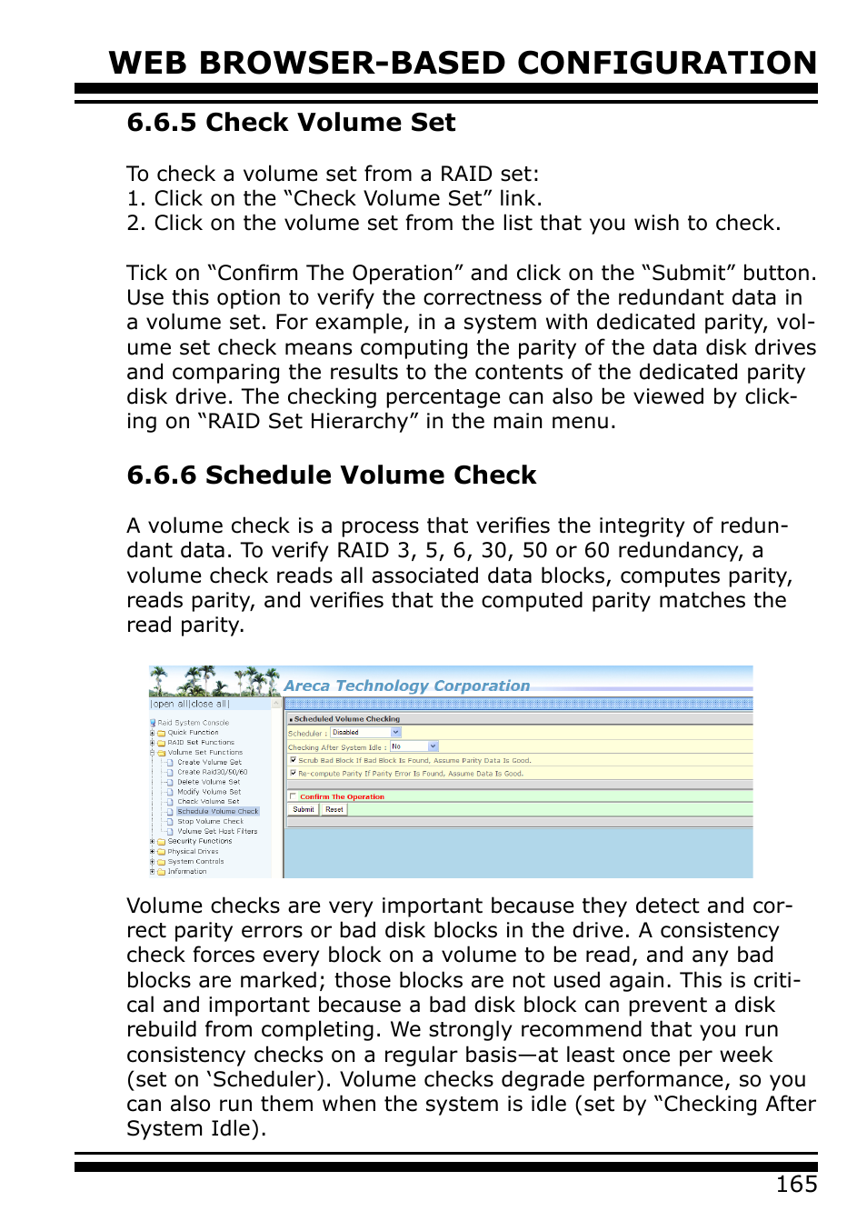 5 check volume set, 6 schedule volume check, Web browser-based configuration | Areca 24/4 Internal/External Port Pcie 3.0 12 Gb/s SAS/SATA Raid Controller 2Gb Cache User Manual | Page 165 / 264