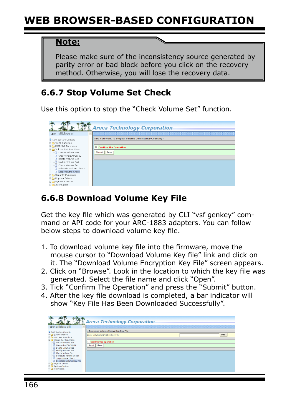 7 stop volume set check, 8 download volume key file, Web browser-based configuration | Areca 24/4 Internal/External Port Pcie 3.0 12 Gb/s SAS/SATA Raid Controller 2Gb Cache User Manual | Page 166 / 264