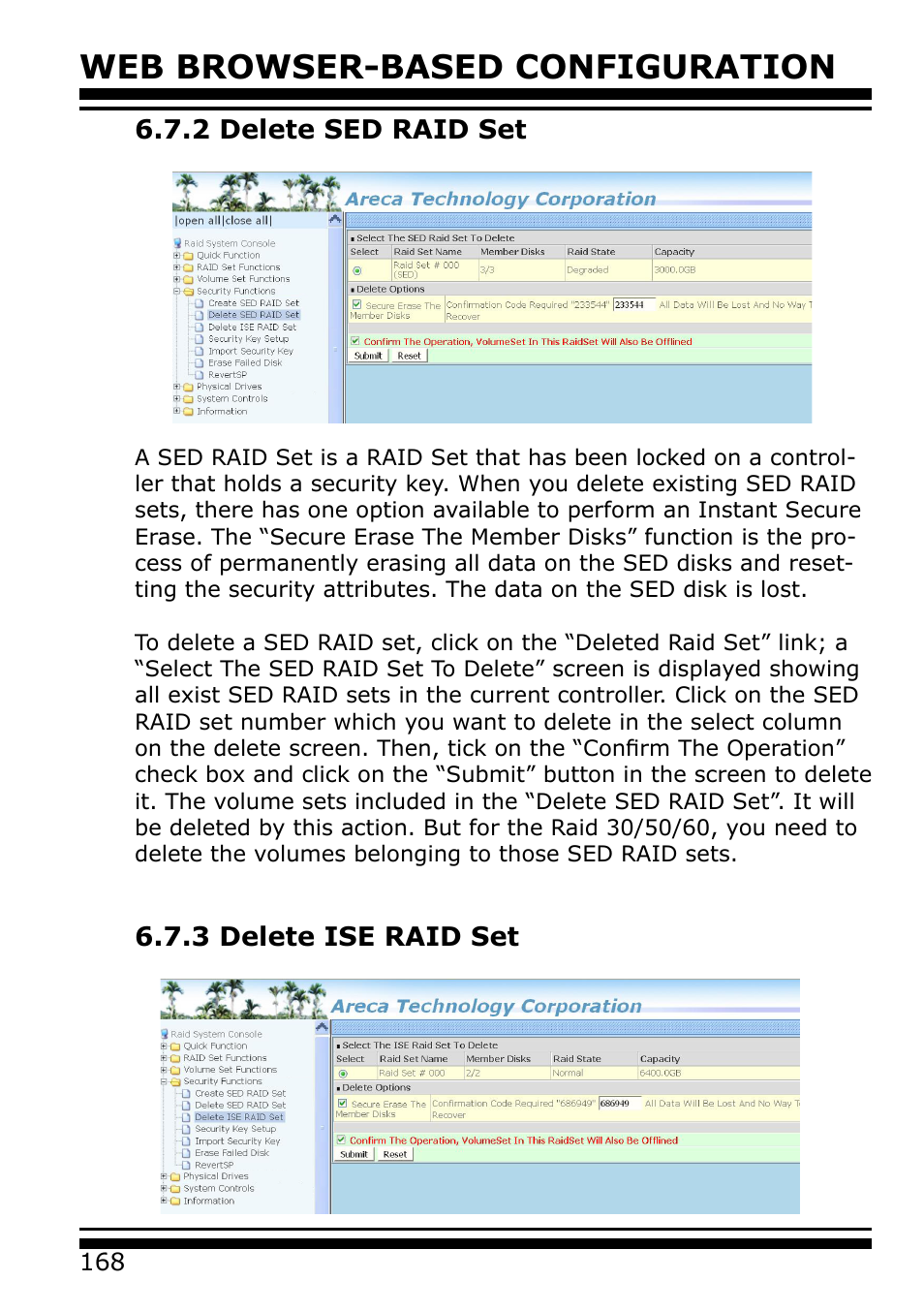 3 delete ise raid set, 2 delete sed raid set, Web browser-based configuration | Areca 24/4 Internal/External Port Pcie 3.0 12 Gb/s SAS/SATA Raid Controller 2Gb Cache User Manual | Page 168 / 264