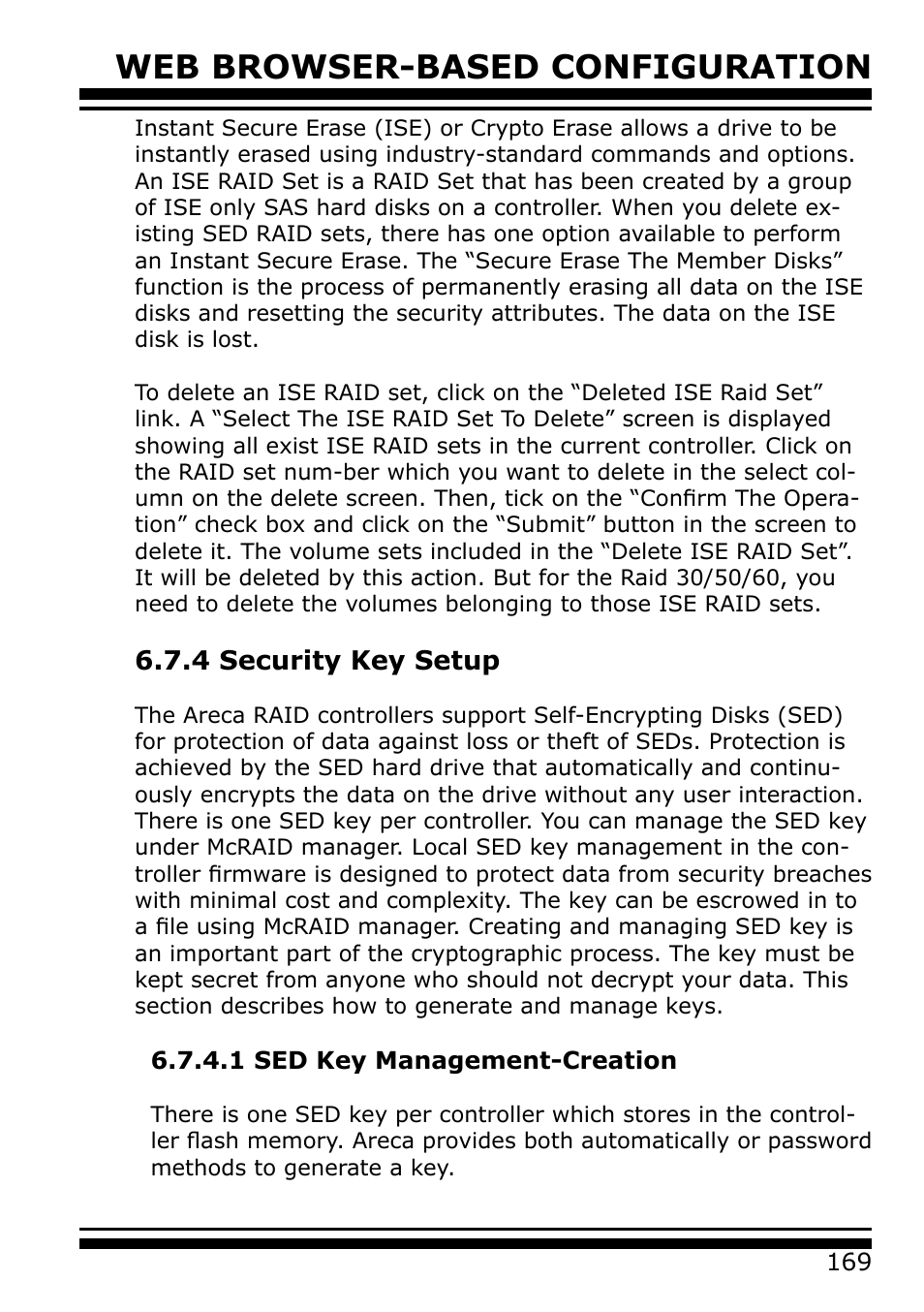 4 security key setup, 1 sed key management-creation, Web browser-based configuration | Areca 24/4 Internal/External Port Pcie 3.0 12 Gb/s SAS/SATA Raid Controller 2Gb Cache User Manual | Page 169 / 264