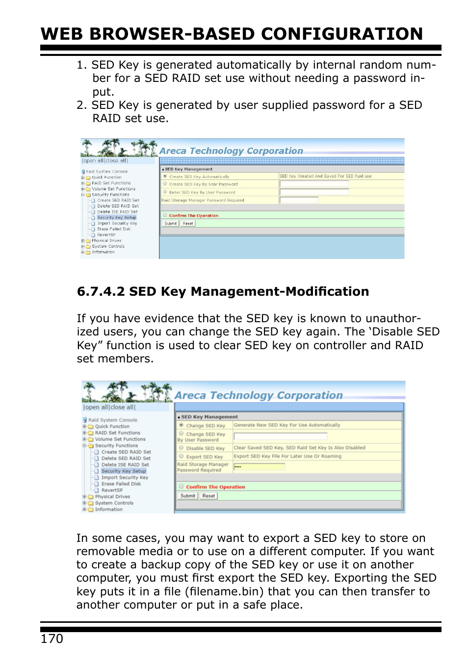 2 sed key management-modification, Web browser-based configuration | Areca 24/4 Internal/External Port Pcie 3.0 12 Gb/s SAS/SATA Raid Controller 2Gb Cache User Manual | Page 170 / 264