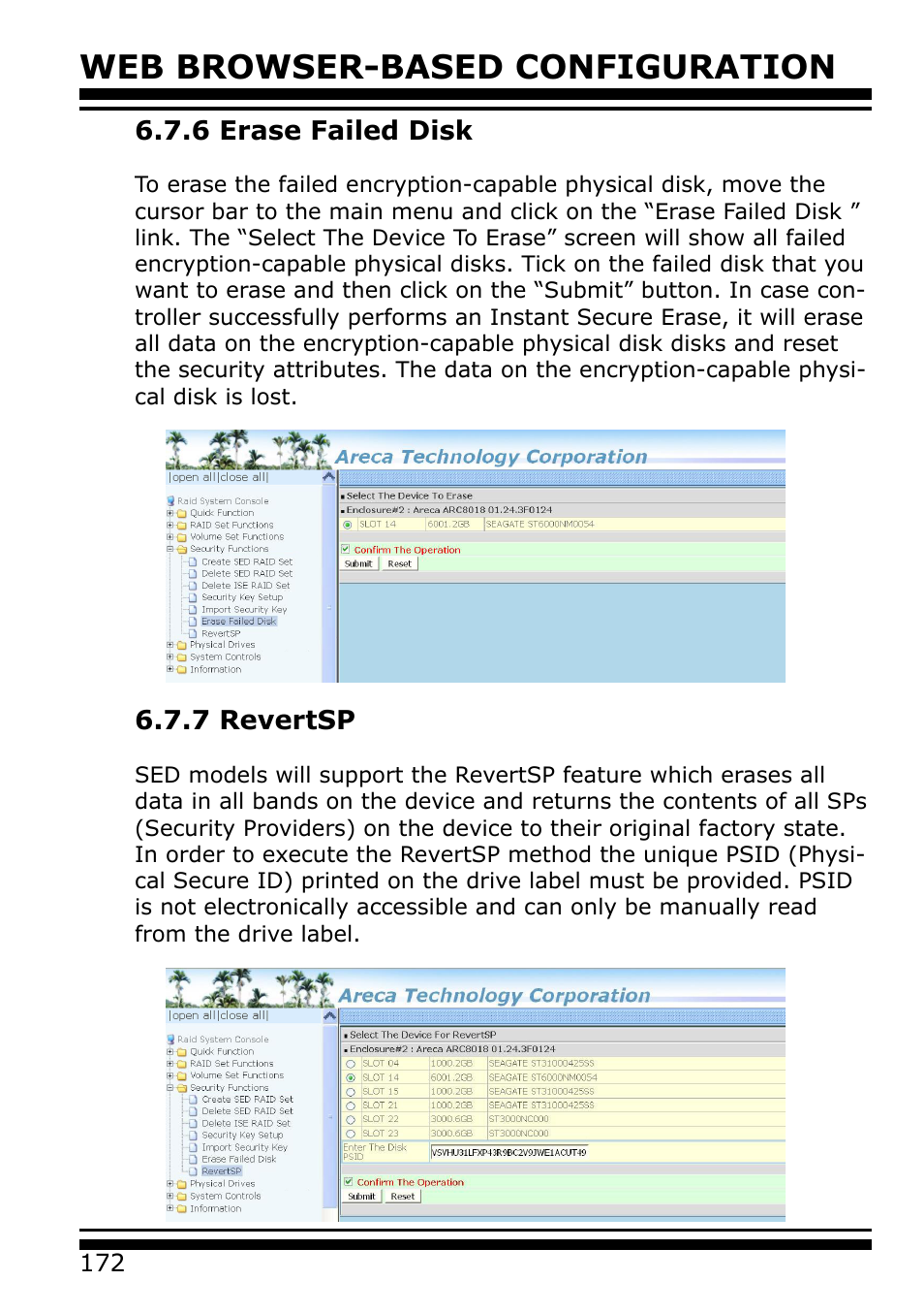 6 erase failed disk, 7 revertsp, Web browser-based configuration | Areca 24/4 Internal/External Port Pcie 3.0 12 Gb/s SAS/SATA Raid Controller 2Gb Cache User Manual | Page 172 / 264