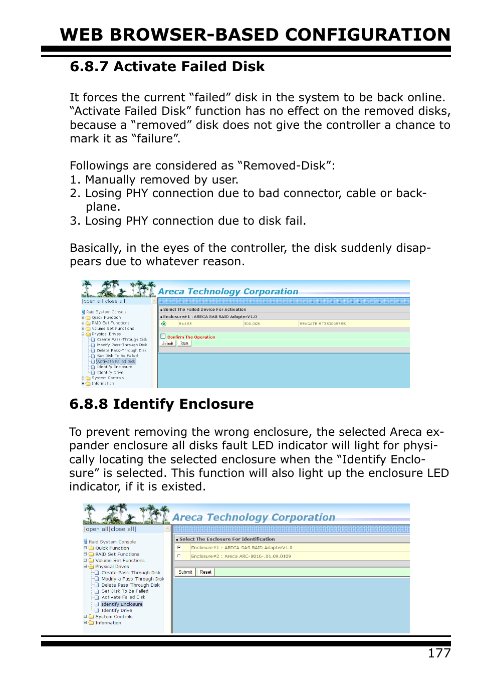 7 activate failed disk, 8 identify enclosure, Web browser-based configuration | Areca 24/4 Internal/External Port Pcie 3.0 12 Gb/s SAS/SATA Raid Controller 2Gb Cache User Manual | Page 177 / 264