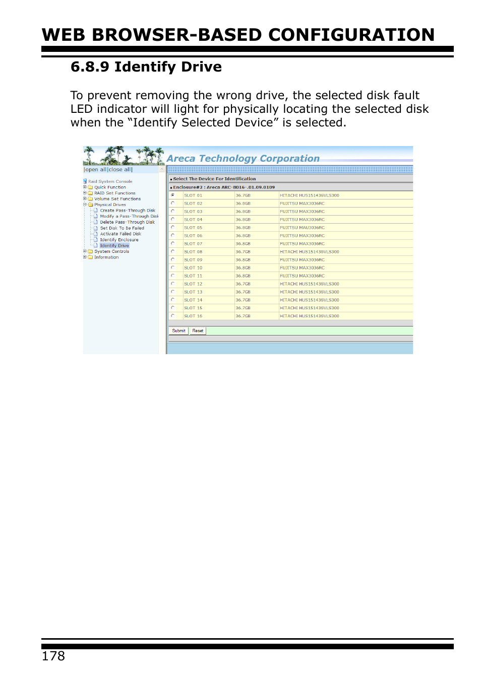 9 identify drive, Web browser-based configuration | Areca 24/4 Internal/External Port Pcie 3.0 12 Gb/s SAS/SATA Raid Controller 2Gb Cache User Manual | Page 178 / 264