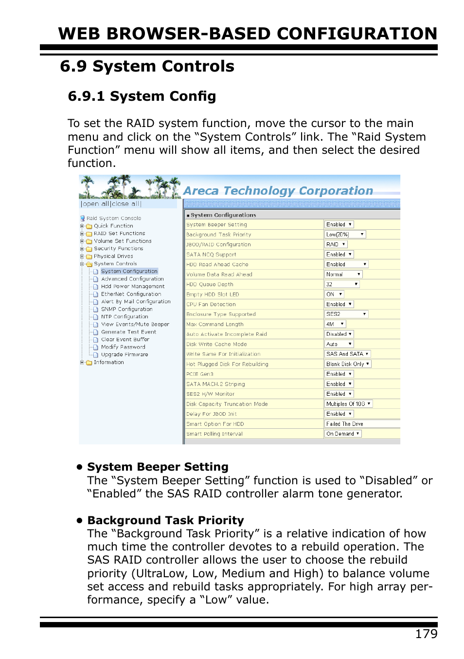 9 system controls, 1 system config, System beeper setting | Background task priority, Web browser-based configuration | Areca 24/4 Internal/External Port Pcie 3.0 12 Gb/s SAS/SATA Raid Controller 2Gb Cache User Manual | Page 179 / 264