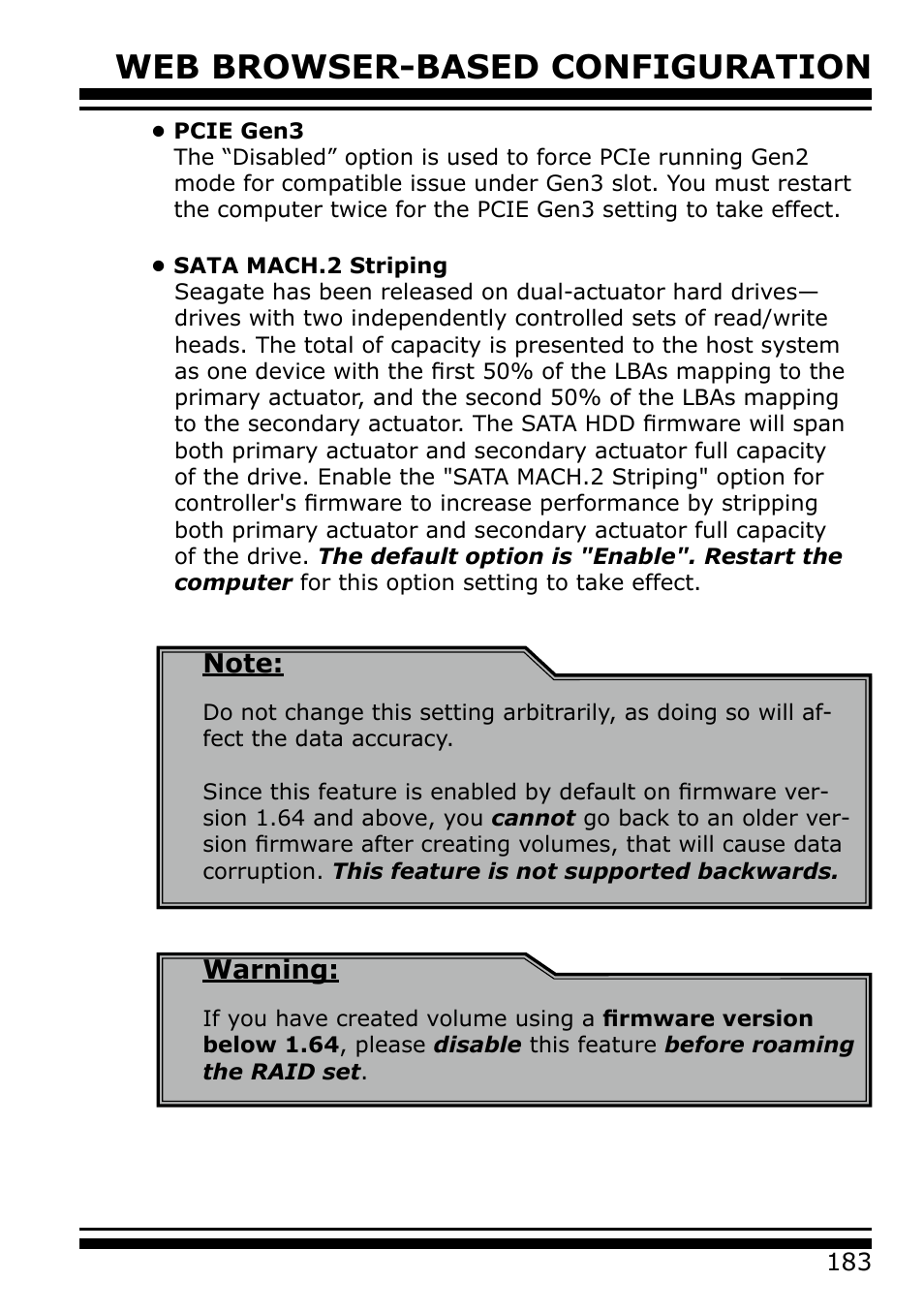 Pcie gen3, Sata mach.2 striping, Web browser-based configuration | Warning | Areca 24/4 Internal/External Port Pcie 3.0 12 Gb/s SAS/SATA Raid Controller 2Gb Cache User Manual | Page 183 / 264