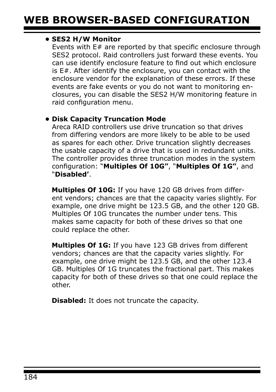 Ses2 h/w monitor, Disk capacity truncation mode, Web browser-based configuration | Areca 24/4 Internal/External Port Pcie 3.0 12 Gb/s SAS/SATA Raid Controller 2Gb Cache User Manual | Page 184 / 264
