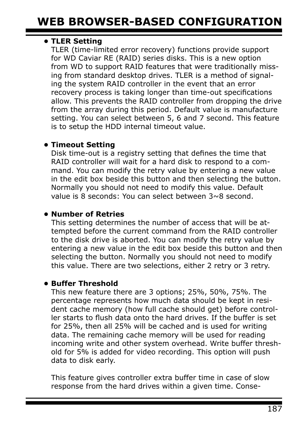 Tler setting, Timeout setting, Number of retries | Buffer threshold, Web browser-based configuration | Areca 24/4 Internal/External Port Pcie 3.0 12 Gb/s SAS/SATA Raid Controller 2Gb Cache User Manual | Page 187 / 264