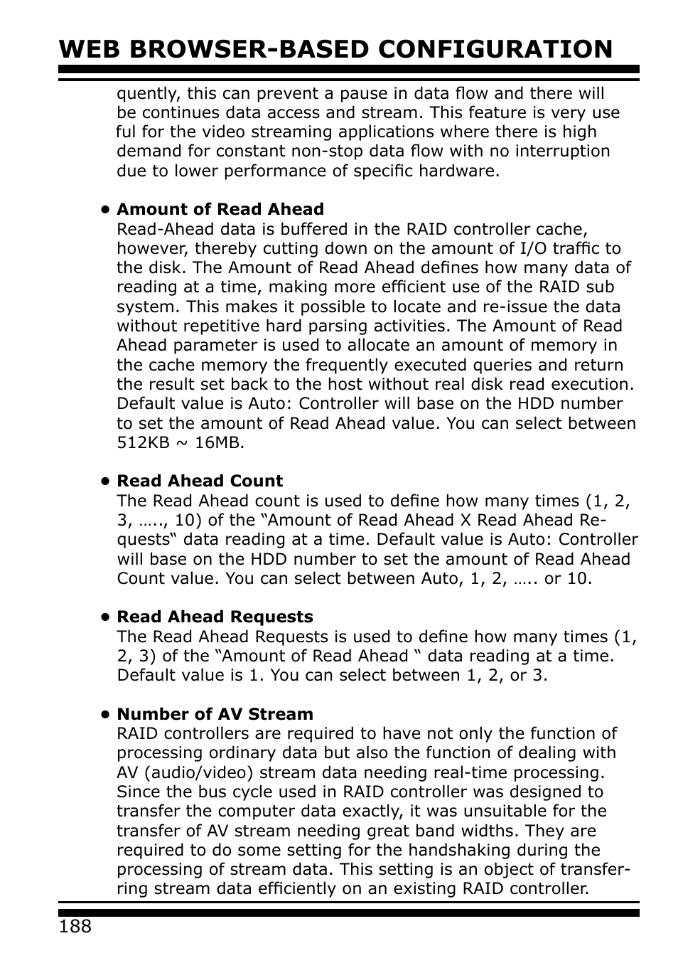 Amount of read ahead, Read ahead count, Read ahead requests | Number of av stream, Web browser-based configuration | Areca 24/4 Internal/External Port Pcie 3.0 12 Gb/s SAS/SATA Raid Controller 2Gb Cache User Manual | Page 188 / 264