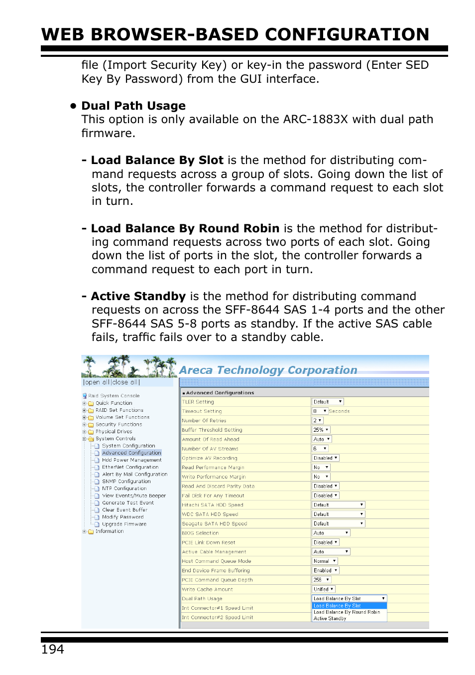 Dual path usage, Web browser-based configuration | Areca 24/4 Internal/External Port Pcie 3.0 12 Gb/s SAS/SATA Raid Controller 2Gb Cache User Manual | Page 194 / 264