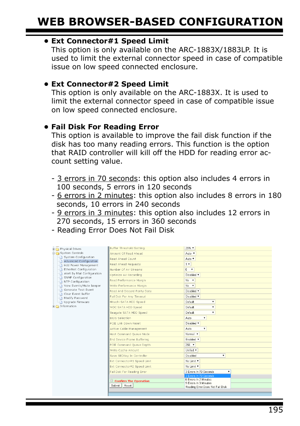 Ext connector#1 speed limit, Ext connector#2 speed limit, Fail disk for reading error | Web browser-based configuration | Areca 24/4 Internal/External Port Pcie 3.0 12 Gb/s SAS/SATA Raid Controller 2Gb Cache User Manual | Page 195 / 264