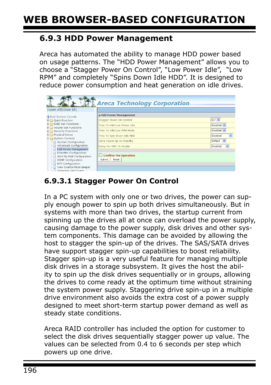 3 hdd power management, 1 stagger power on control, Web browser-based configuration | Areca 24/4 Internal/External Port Pcie 3.0 12 Gb/s SAS/SATA Raid Controller 2Gb Cache User Manual | Page 196 / 264