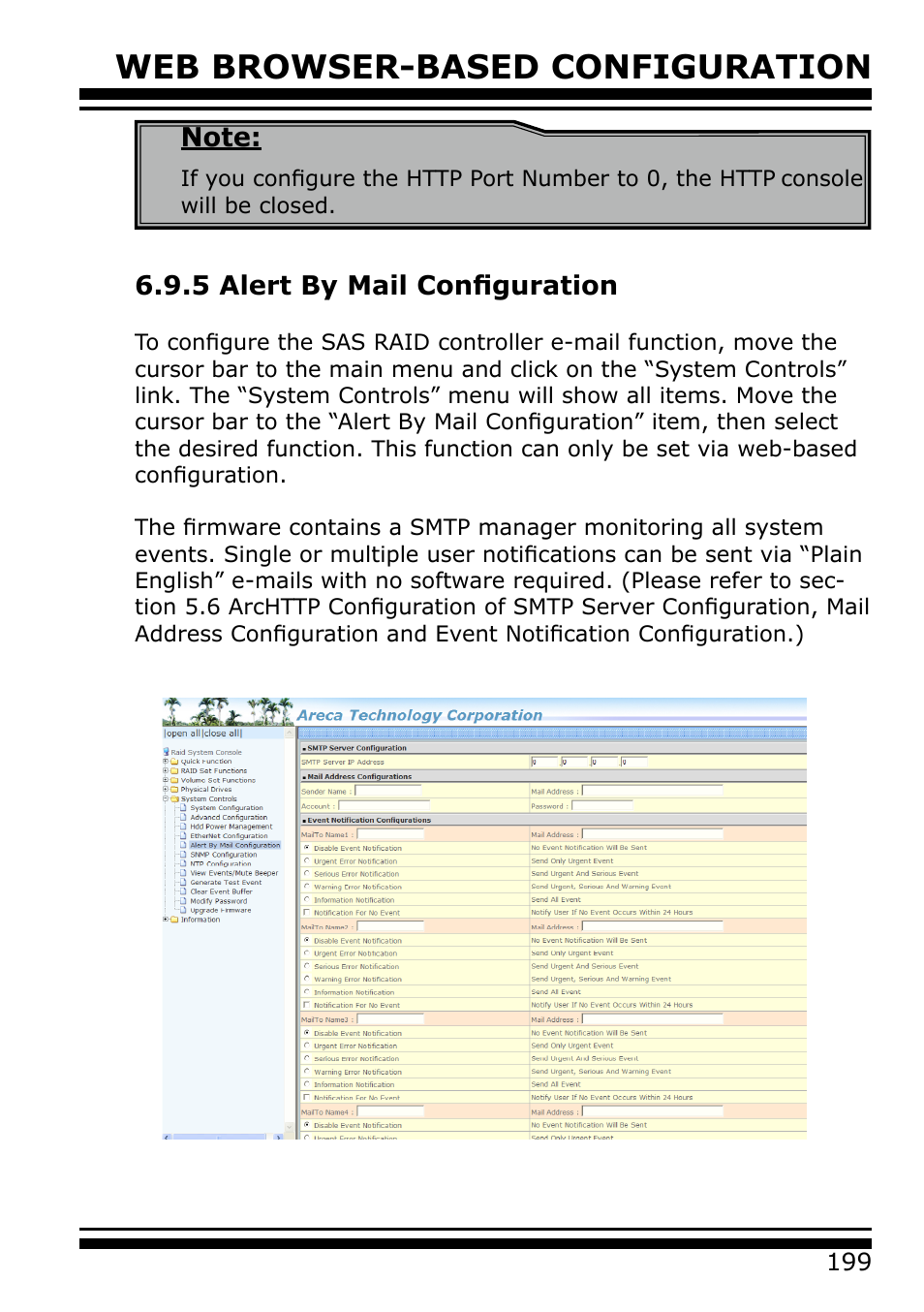 5 alert by mail configuration, Web browser-based configuration | Areca 24/4 Internal/External Port Pcie 3.0 12 Gb/s SAS/SATA Raid Controller 2Gb Cache User Manual | Page 199 / 264