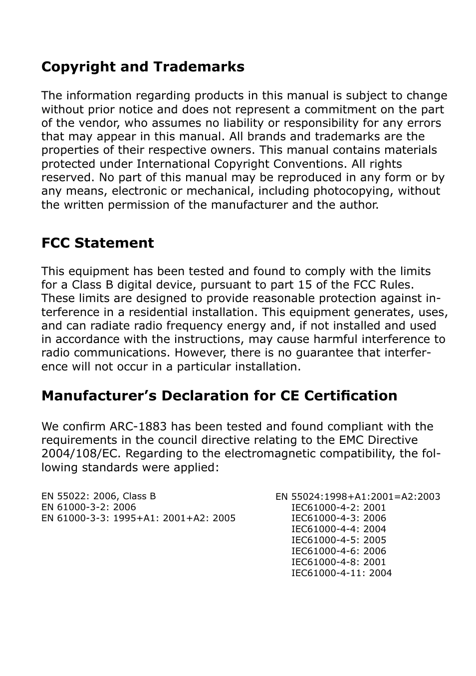 Copyright and trademarks, Fcc statement, Manufacturer’s declaration for ce certification | Areca 24/4 Internal/External Port Pcie 3.0 12 Gb/s SAS/SATA Raid Controller 2Gb Cache User Manual | Page 2 / 264