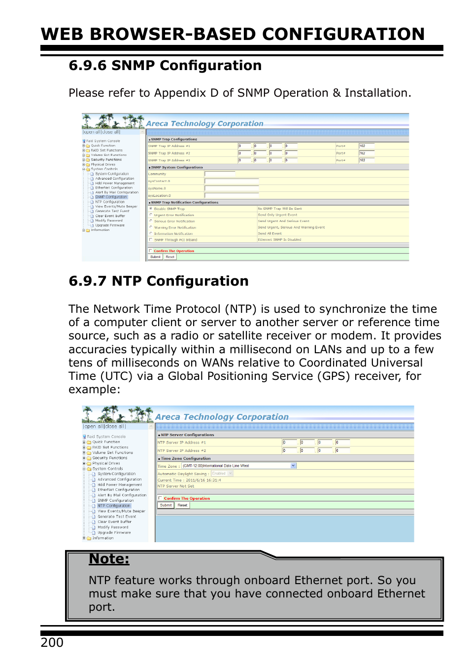 6 snmp configuration, 7 ntp configuration, Web browser-based configuration | Areca 24/4 Internal/External Port Pcie 3.0 12 Gb/s SAS/SATA Raid Controller 2Gb Cache User Manual | Page 200 / 264