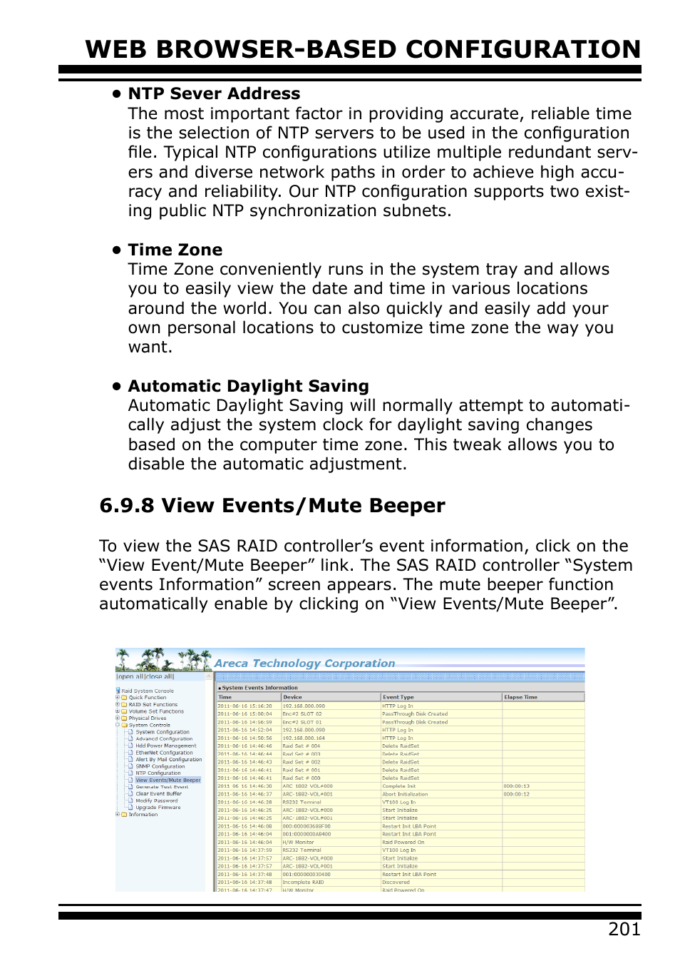 8 view events/mute beeper, Web browser-based configuration | Areca 24/4 Internal/External Port Pcie 3.0 12 Gb/s SAS/SATA Raid Controller 2Gb Cache User Manual | Page 201 / 264